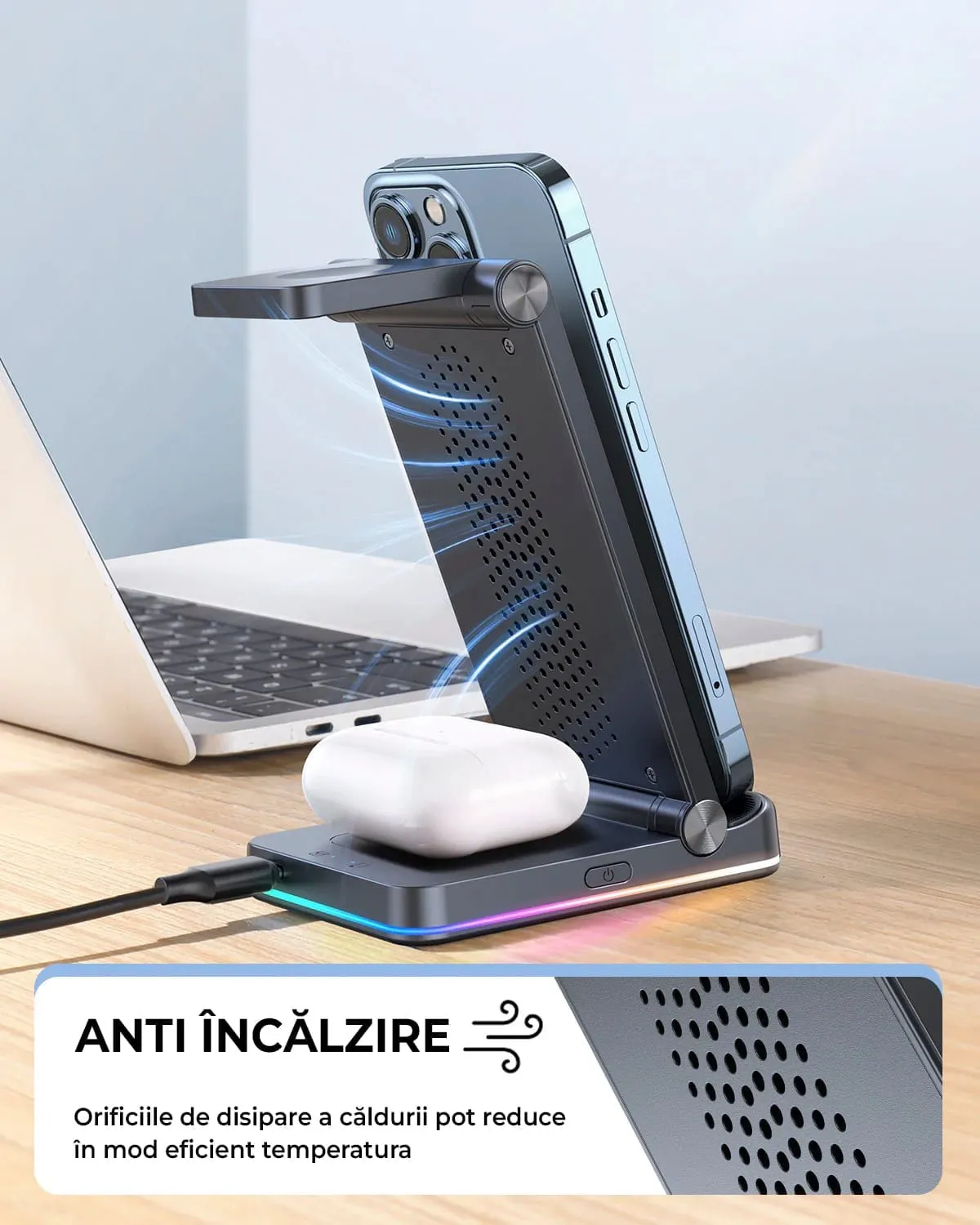 Timebox Incarcator Wireless 3in1 18W Pliabil RGB Negru
