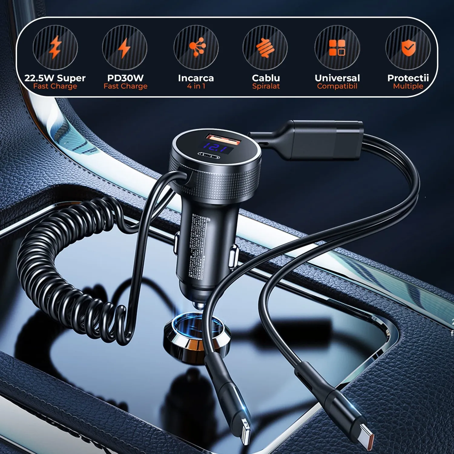 Timebox 52.5W incarcator auto USB QC3 Type-C negru