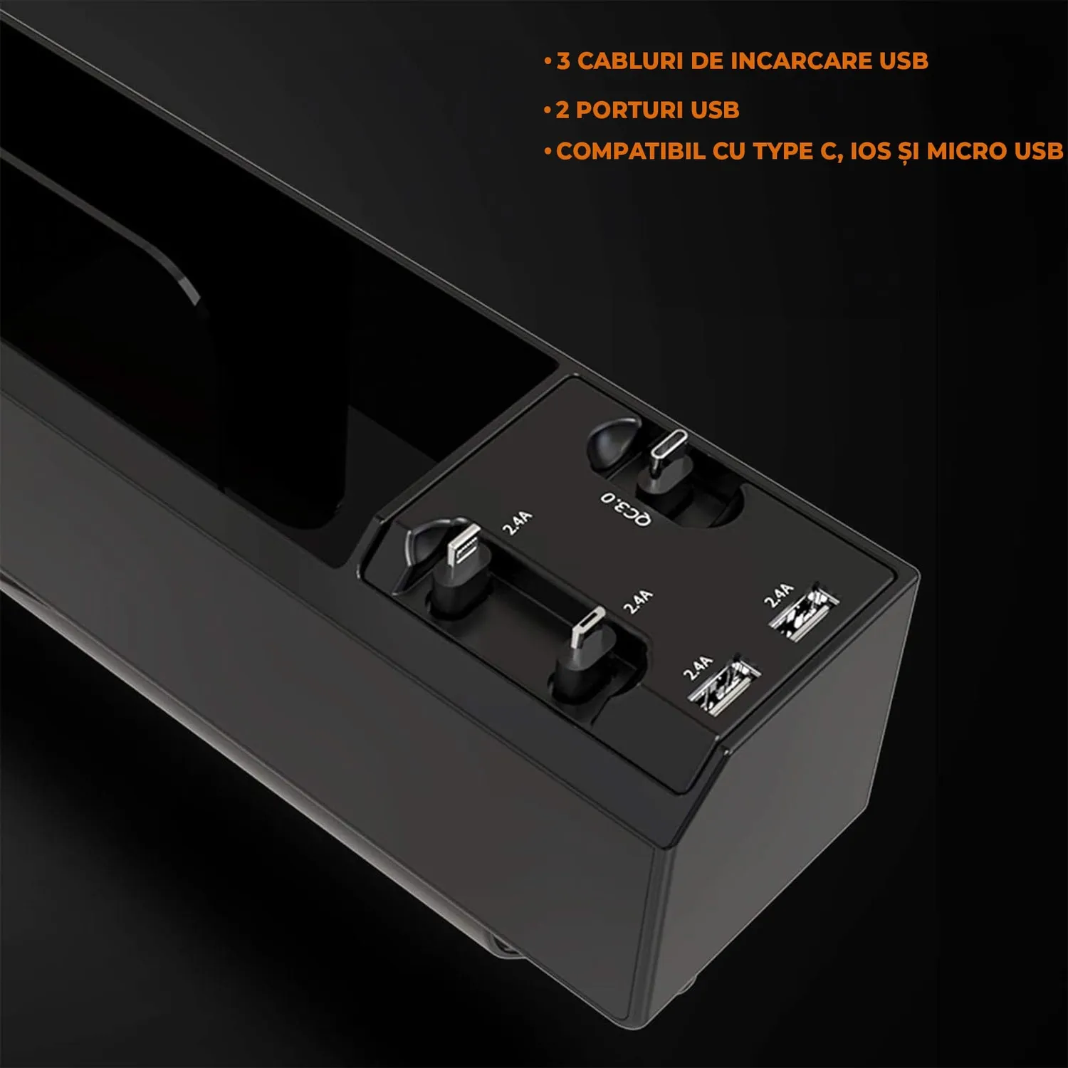 Timebox organizator auto USB-C Lightning Micro-USB negru