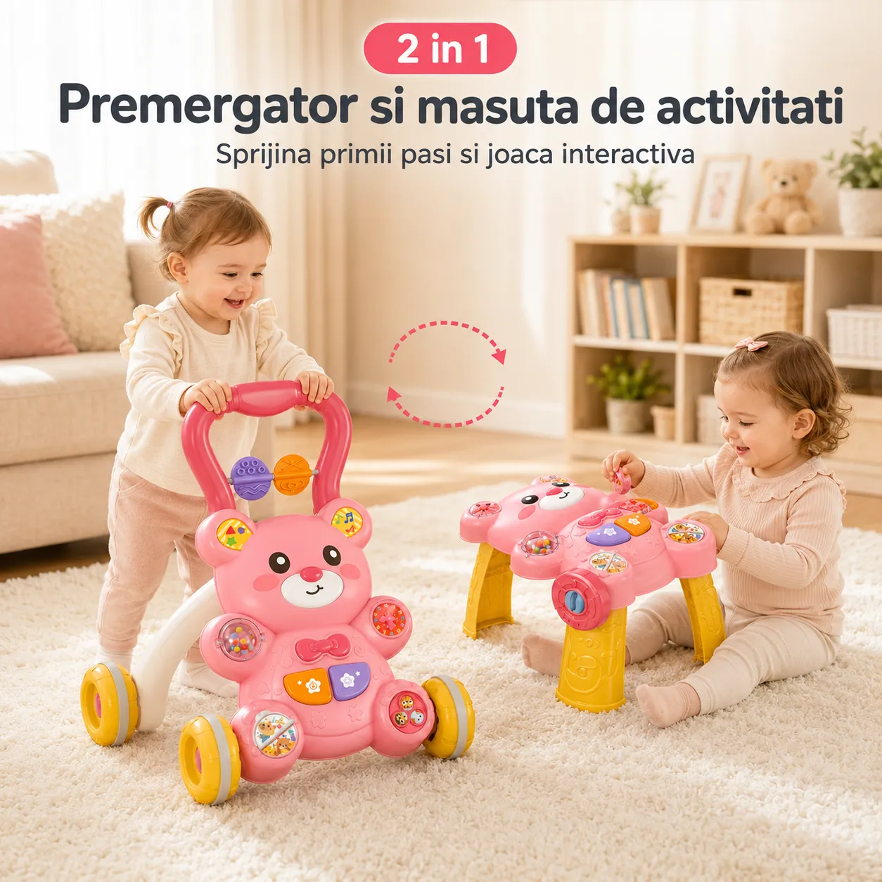 Antemergător Timebox 2 în 1 roz +6 luni cu măsuță