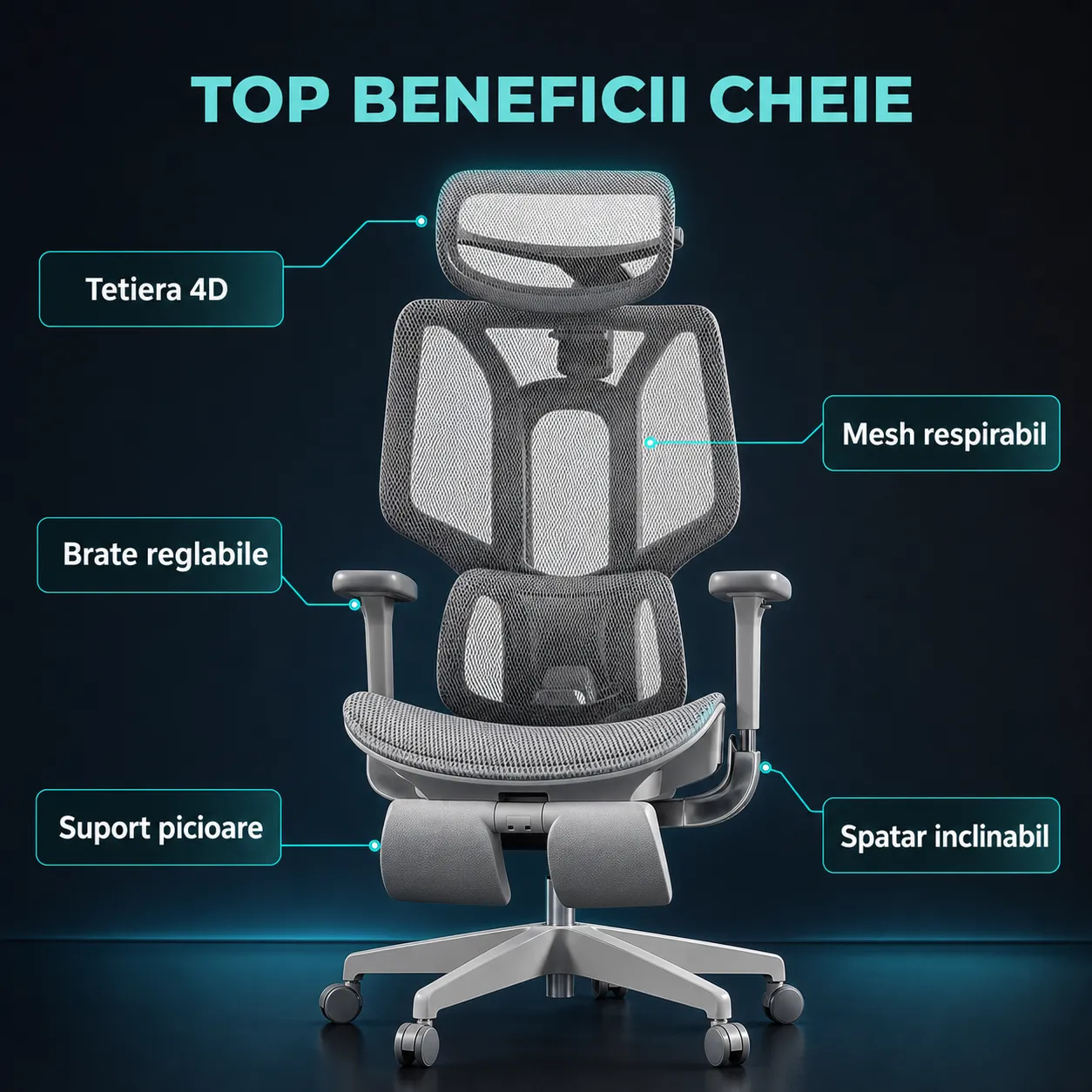 Timebox scaun ergonomic mesh gri tetieră 4D