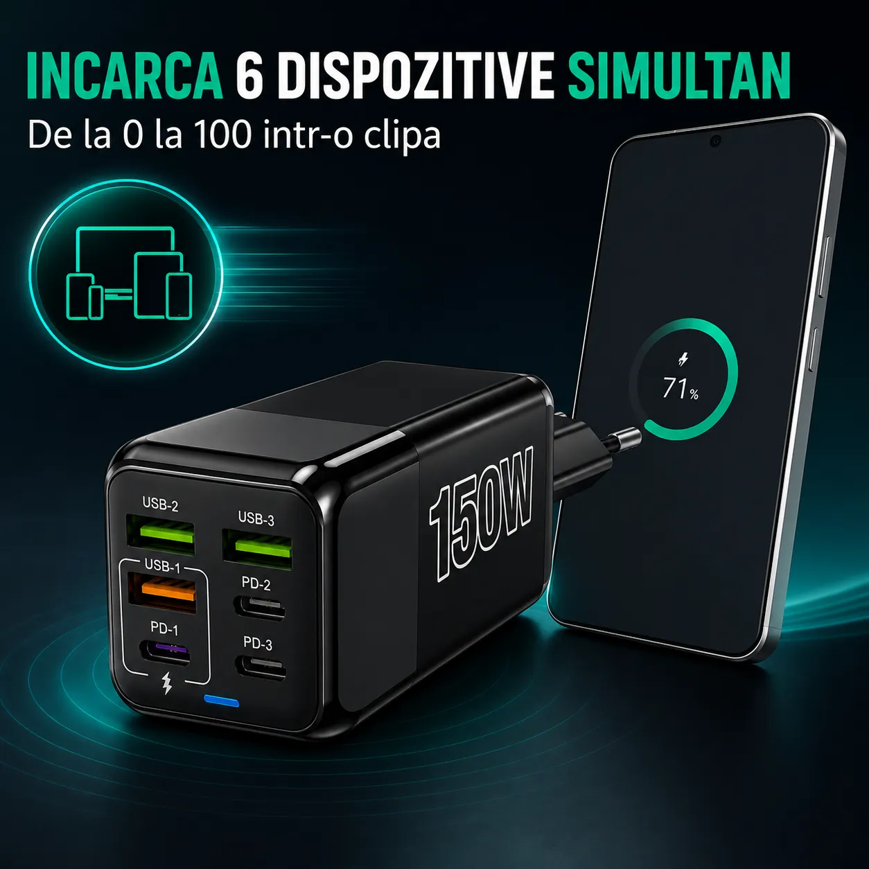 Timebox 150W incarcator retea 6 porturi negru fast charge