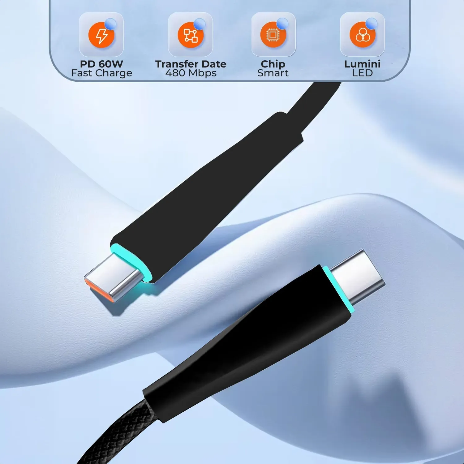 Timebox cablu USB-C la Type-C 60W 2m negru cu LED