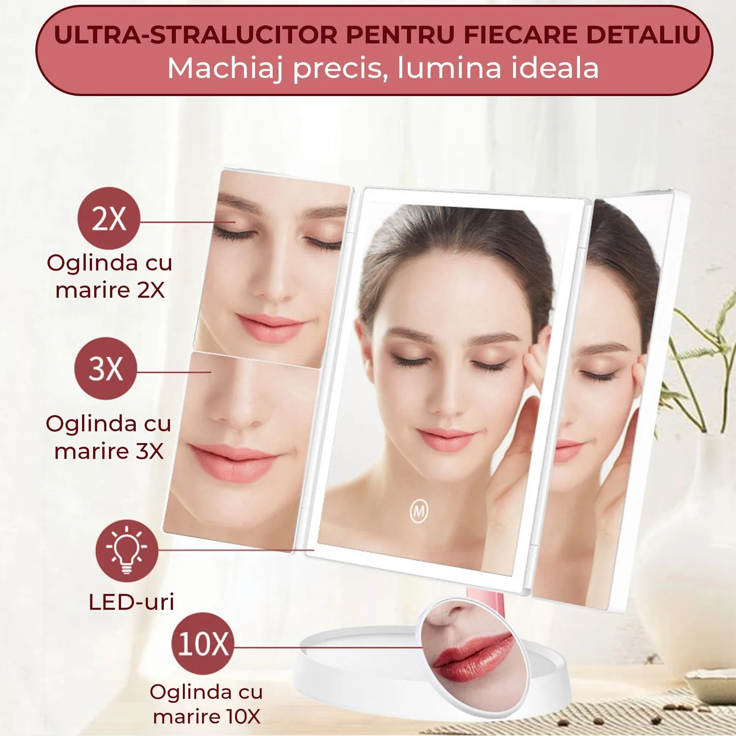 Timebox Trifold oglinda cosmetica LED pliabila 1X/2X/3X