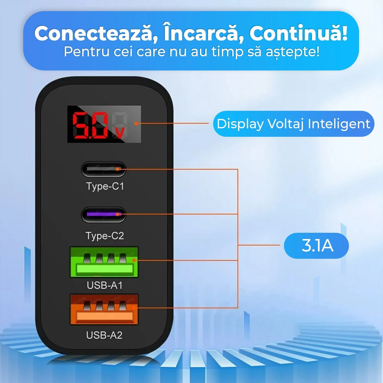 Timebox incarcator retea 45W 4 porturi negru