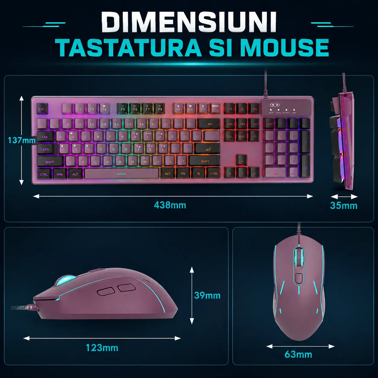 Timebox kit gaming tastatura mouse RGB mov full-size 8 culori