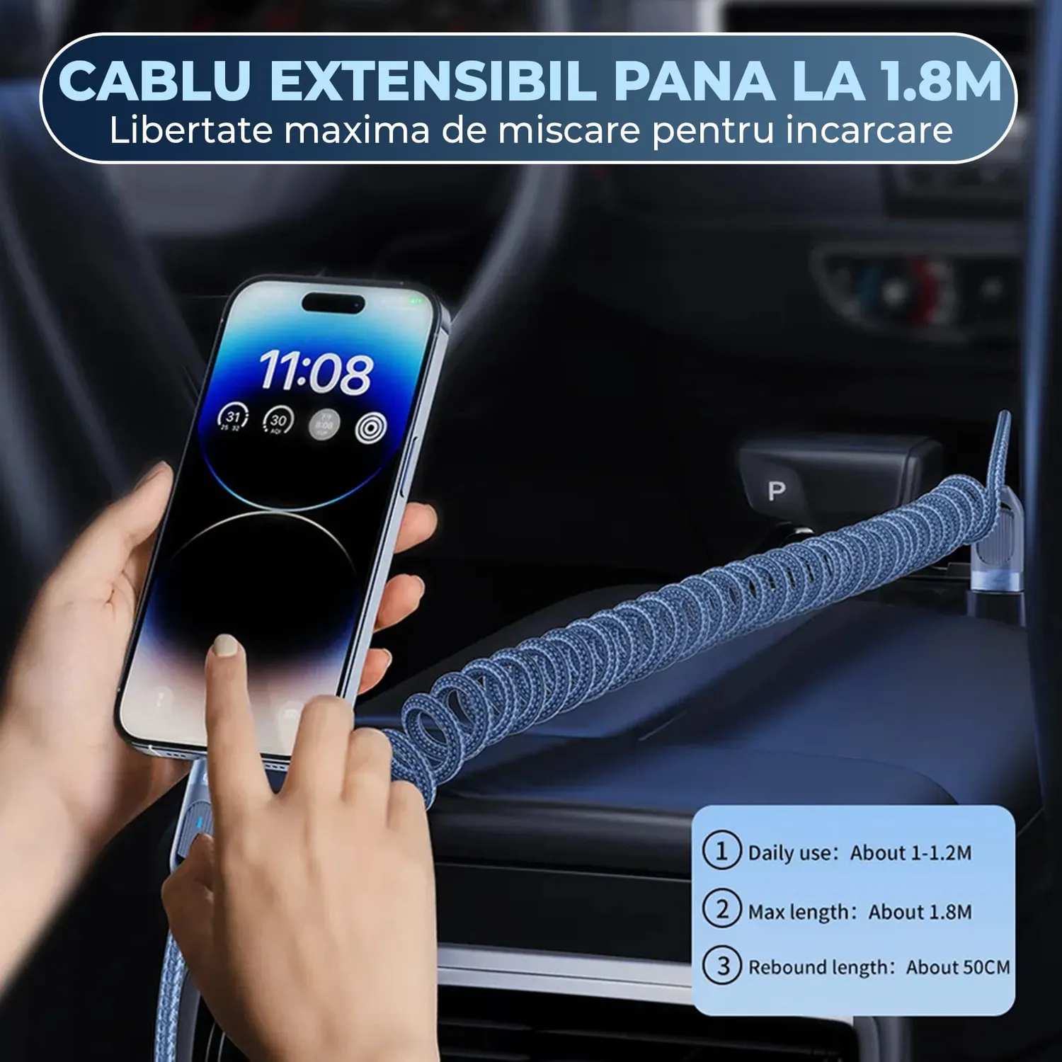 Timebox cablu USB-C Lightning 20W spiralat albastru