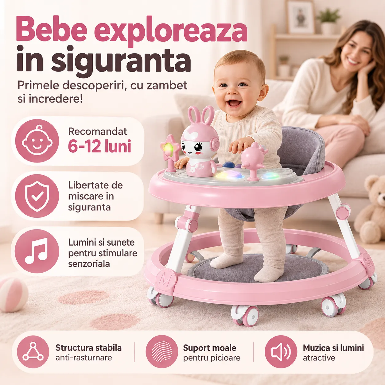 Timebox premergător bebe cu mâner roz muzică