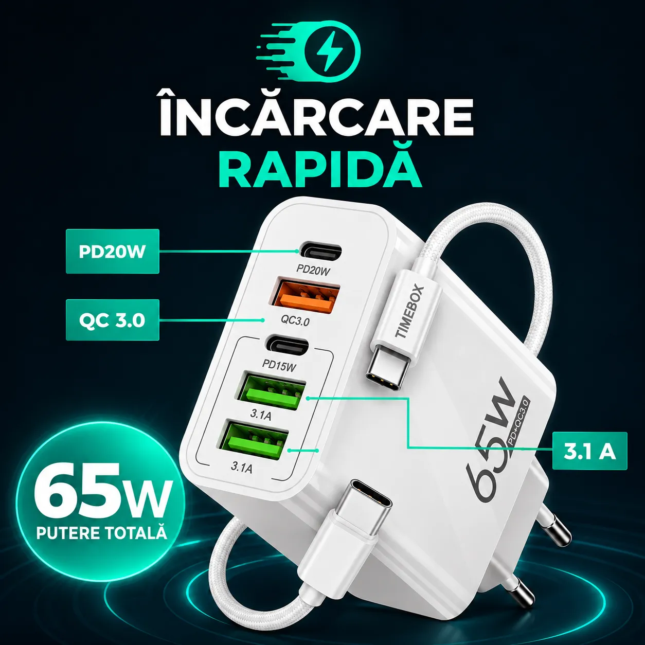Timebox încărcător rețea 65W alb 5 porturi rapid