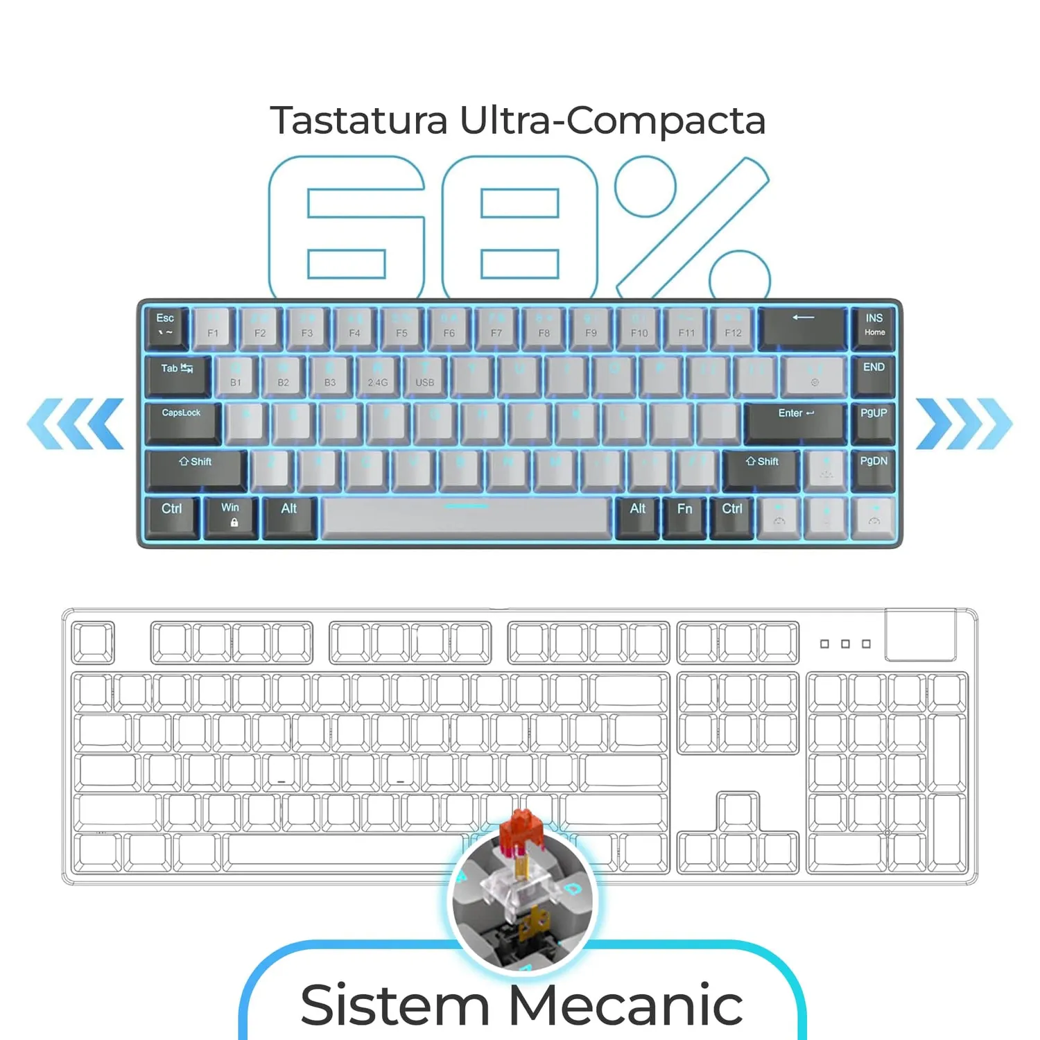 Timebox tastatură gaming mecanică 65% wireless LED