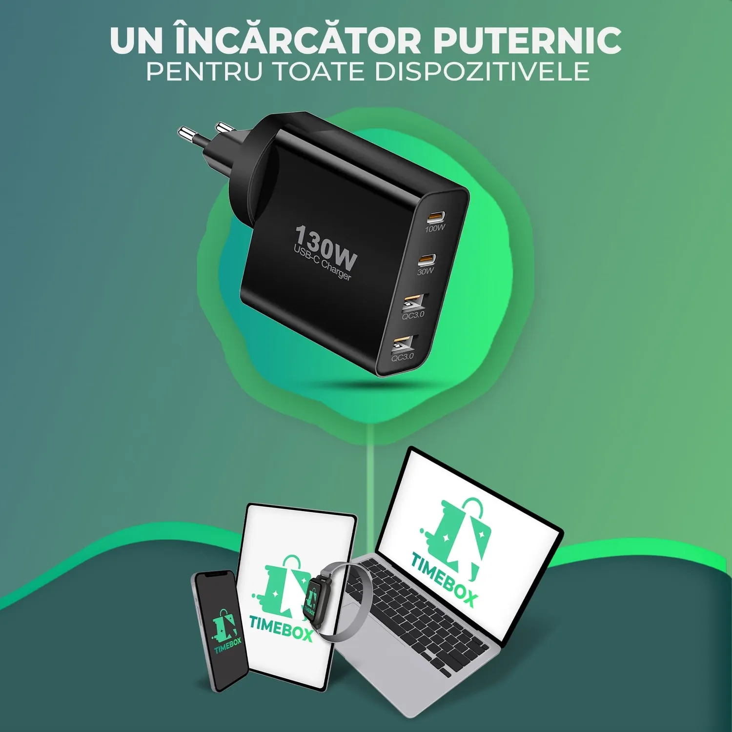 Incarcator retea Timebox 130W 4 porturi 2xType-C negru