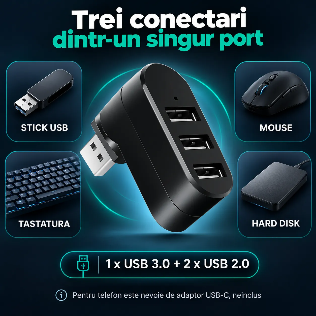 Timebox 3 in 1 hub USB adaptor 3 porturi negru rotativ