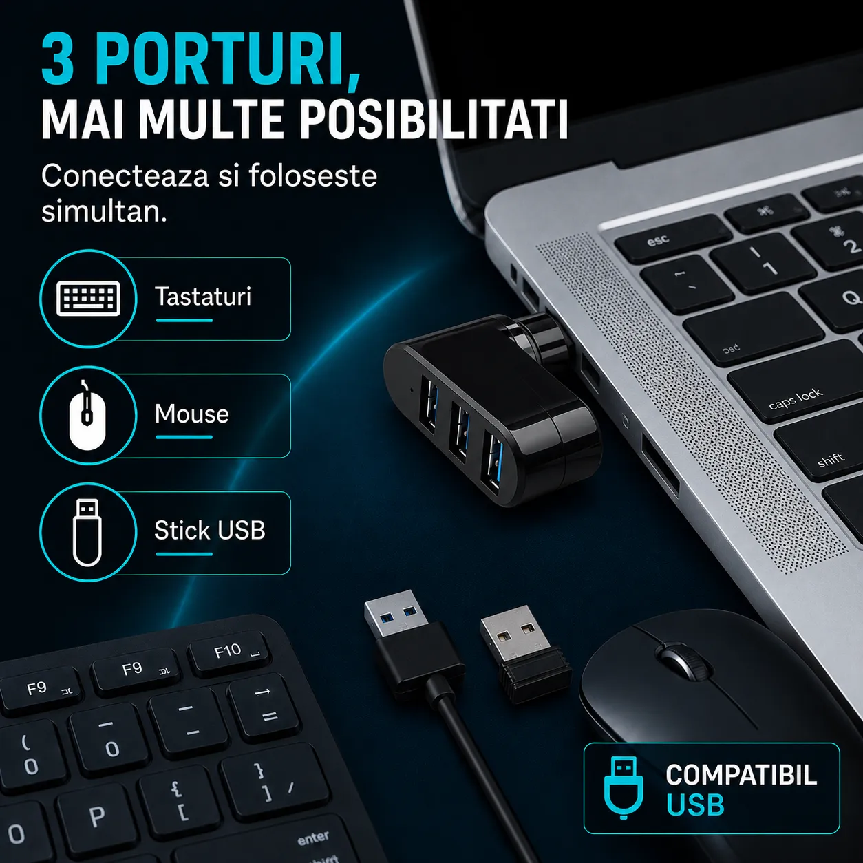 Timebox 3 in 1 hub USB adaptor 3 porturi negru rotativ