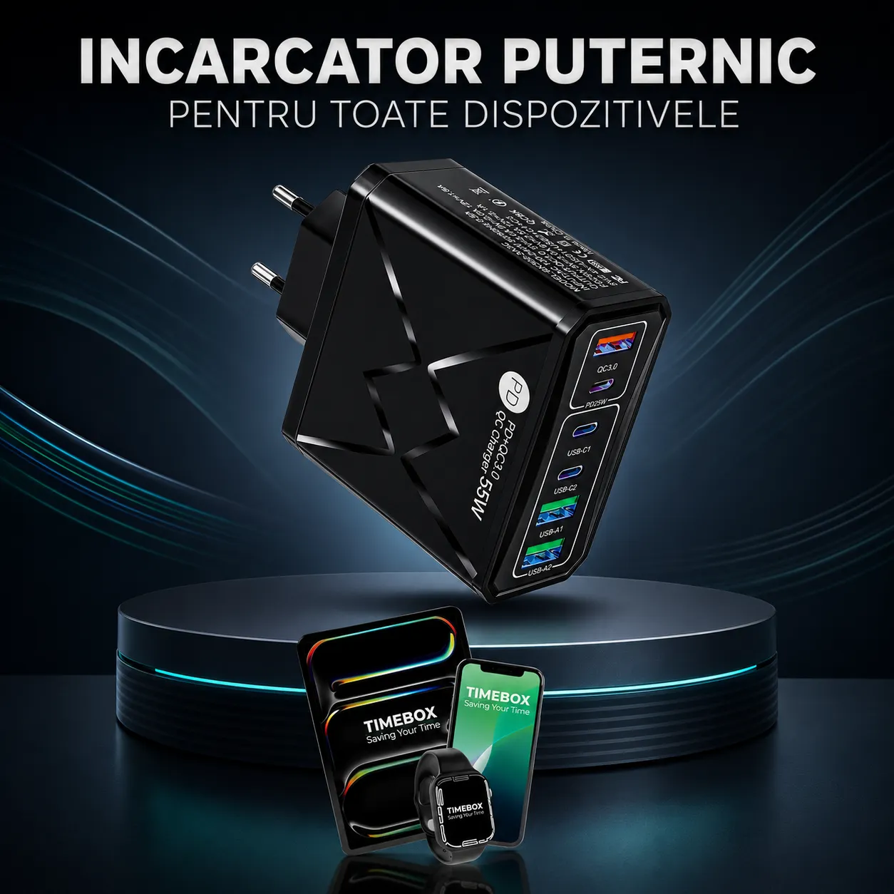 Incarcator retea Timebox 55W 6 porturi negru