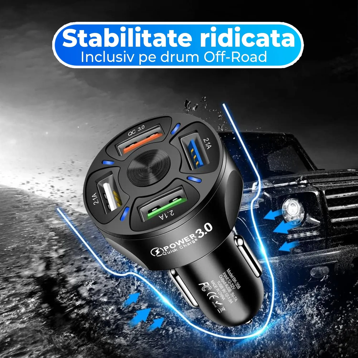 Timebox Super Fast-Charge incarcator auto negru 4xUSB QC3.0
