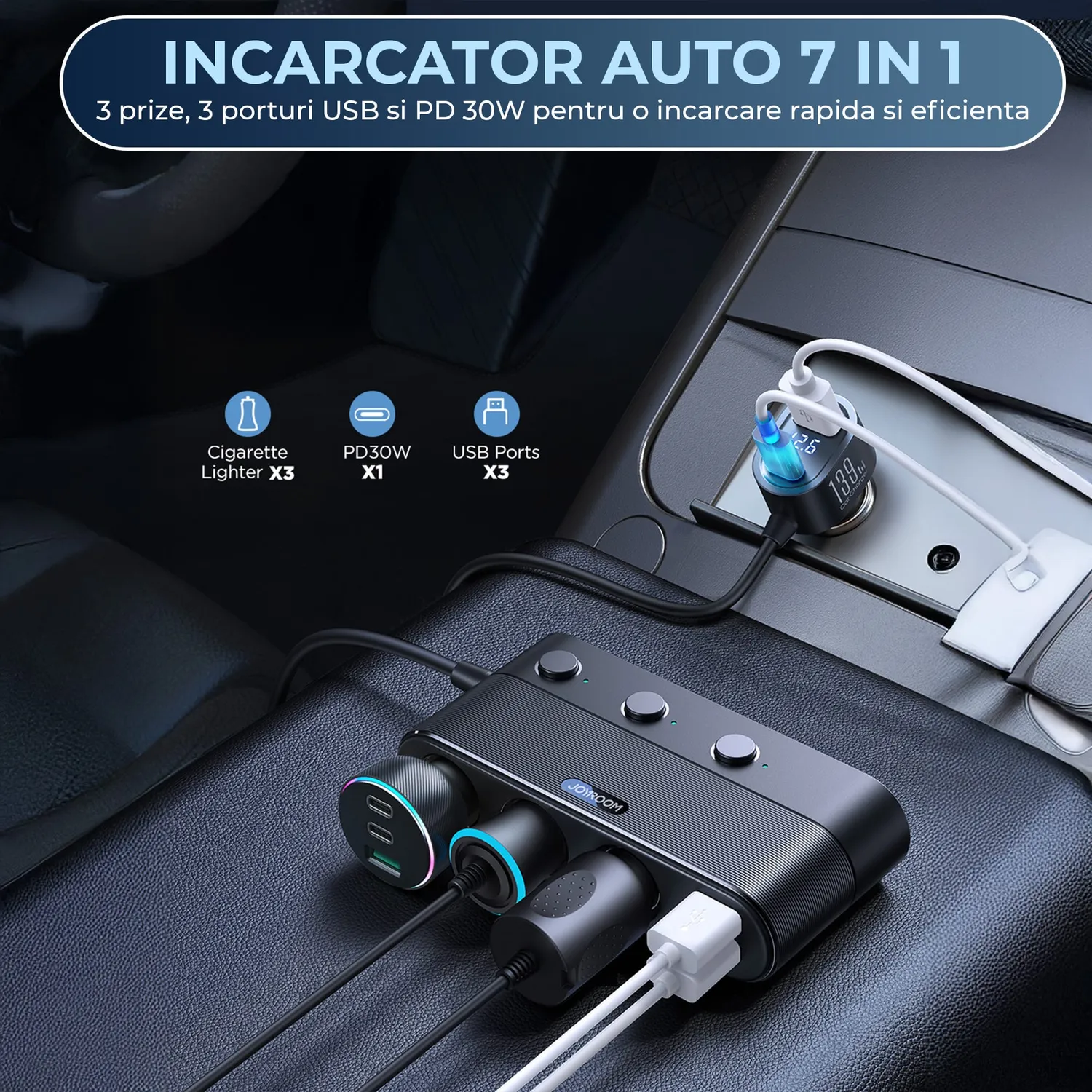 Timebox 139W incarcator auto 7 in 1 cu USB si USB-C display