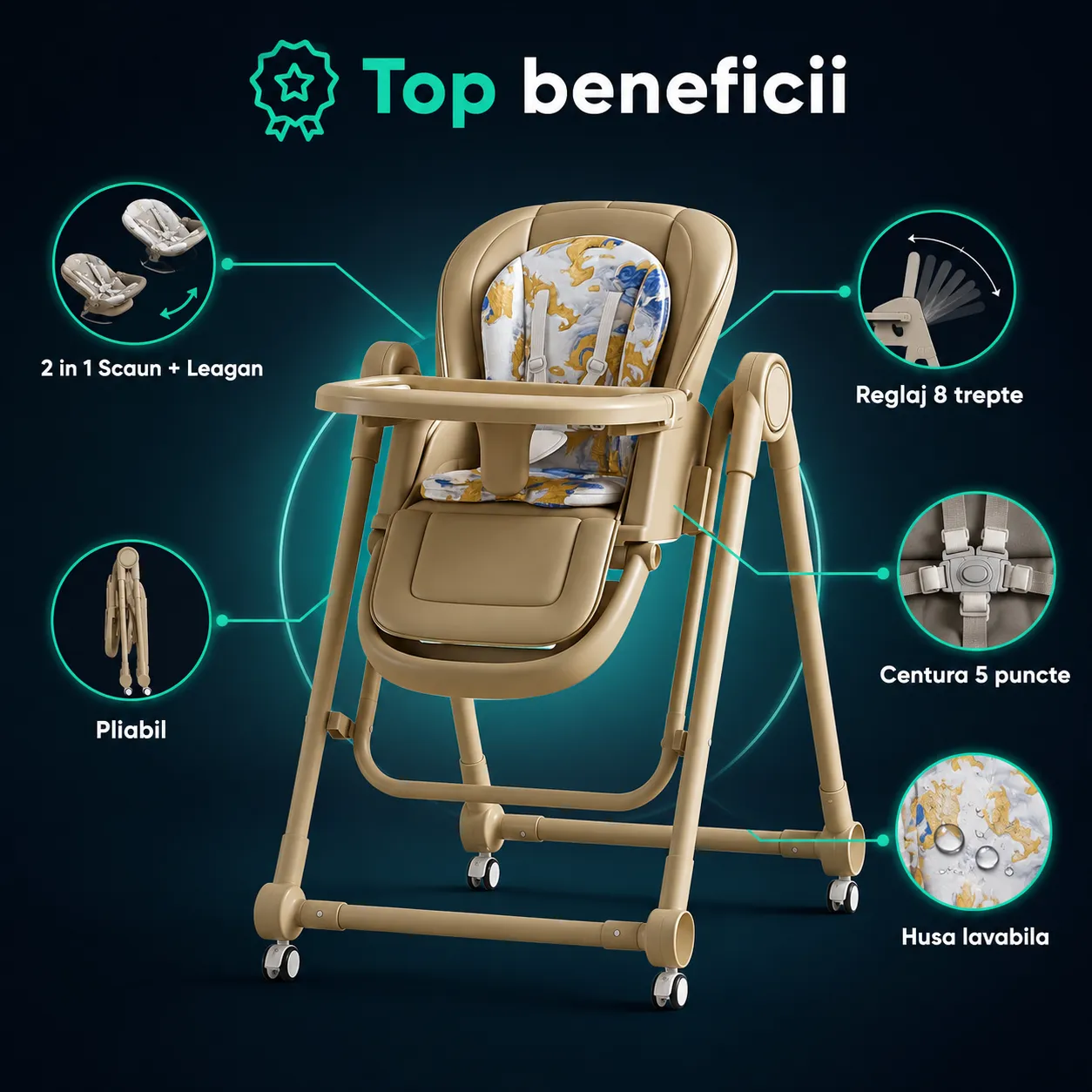 Timebox Scaun de Masa Copii Pliabil Bej 8 Trepte