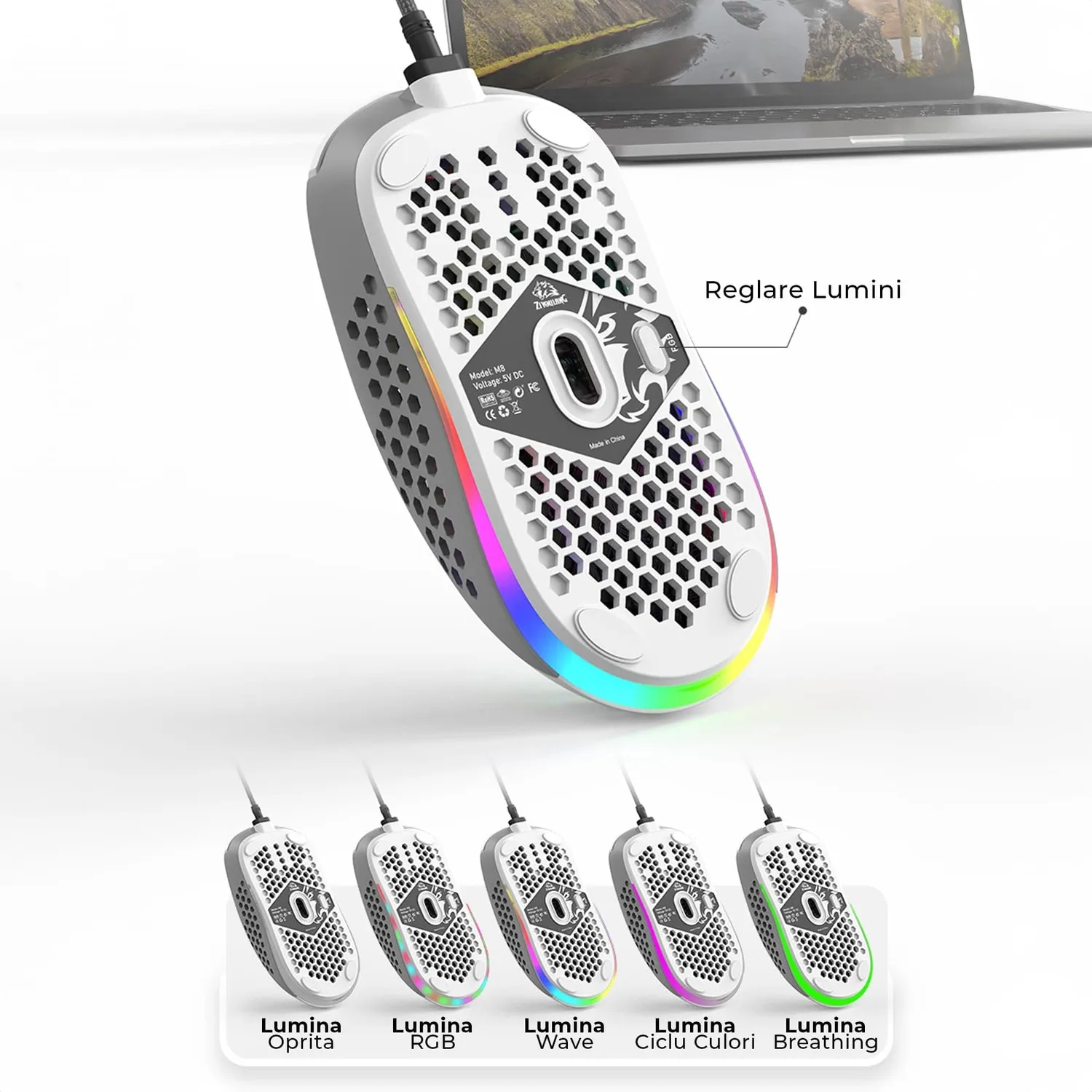 Timebox mouse gaming USB 6400 DPI RGB alb portocaliu usor