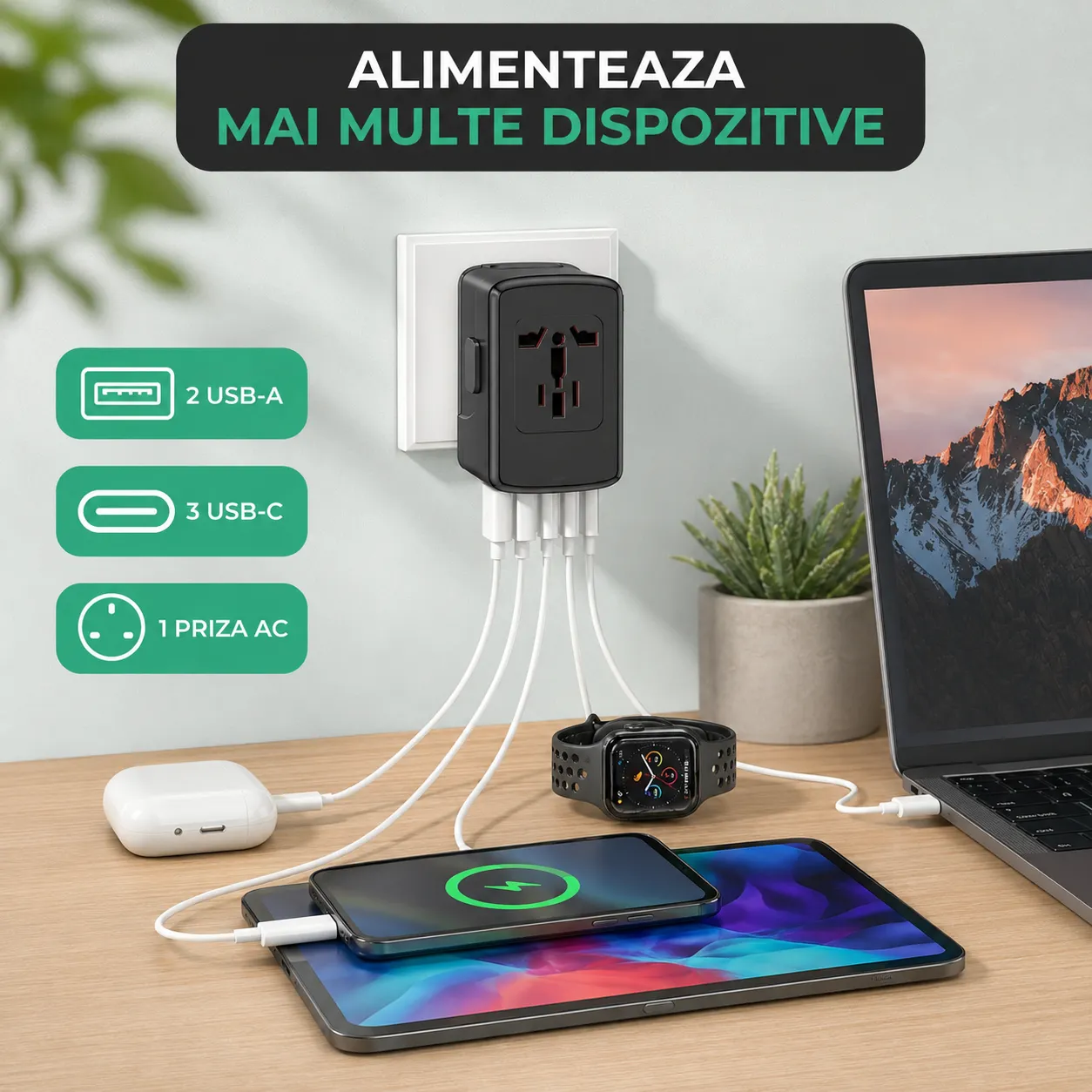Timebox Adaptor Universal Priza Voiaj 5 Porturi Negru