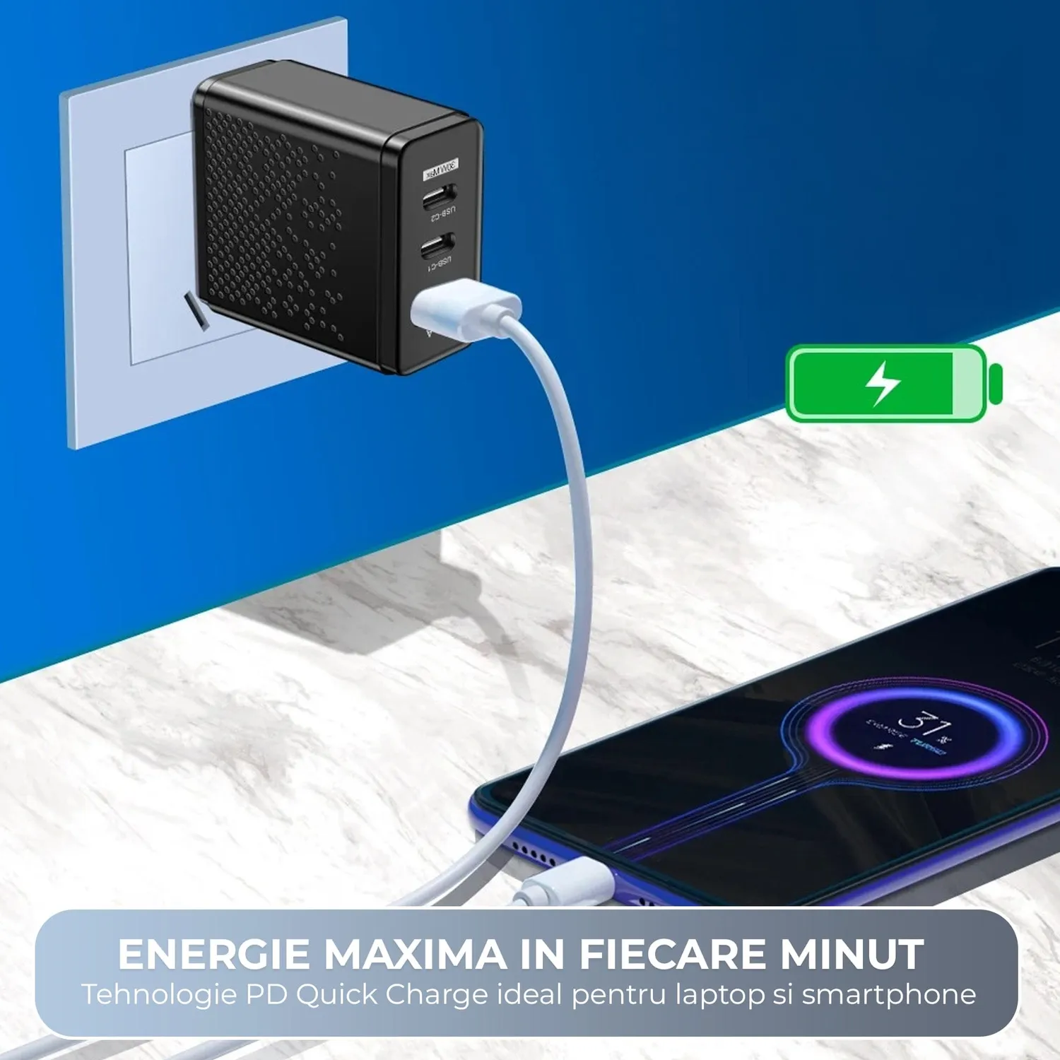 Timebox încărcător telefon 30W negru LED 3 porturi