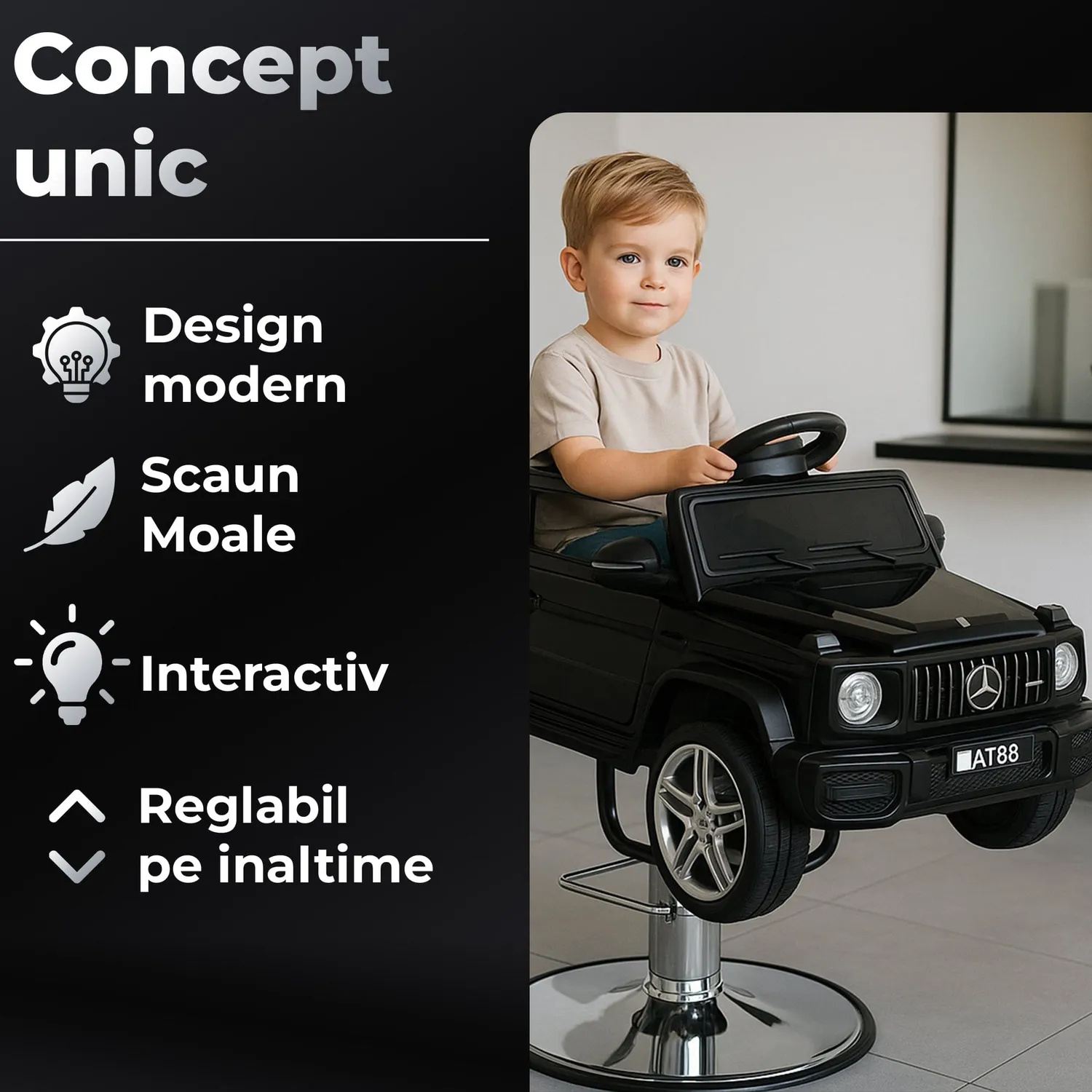 Timebox G-Class scaun frizerie copii negru cu bluetooth