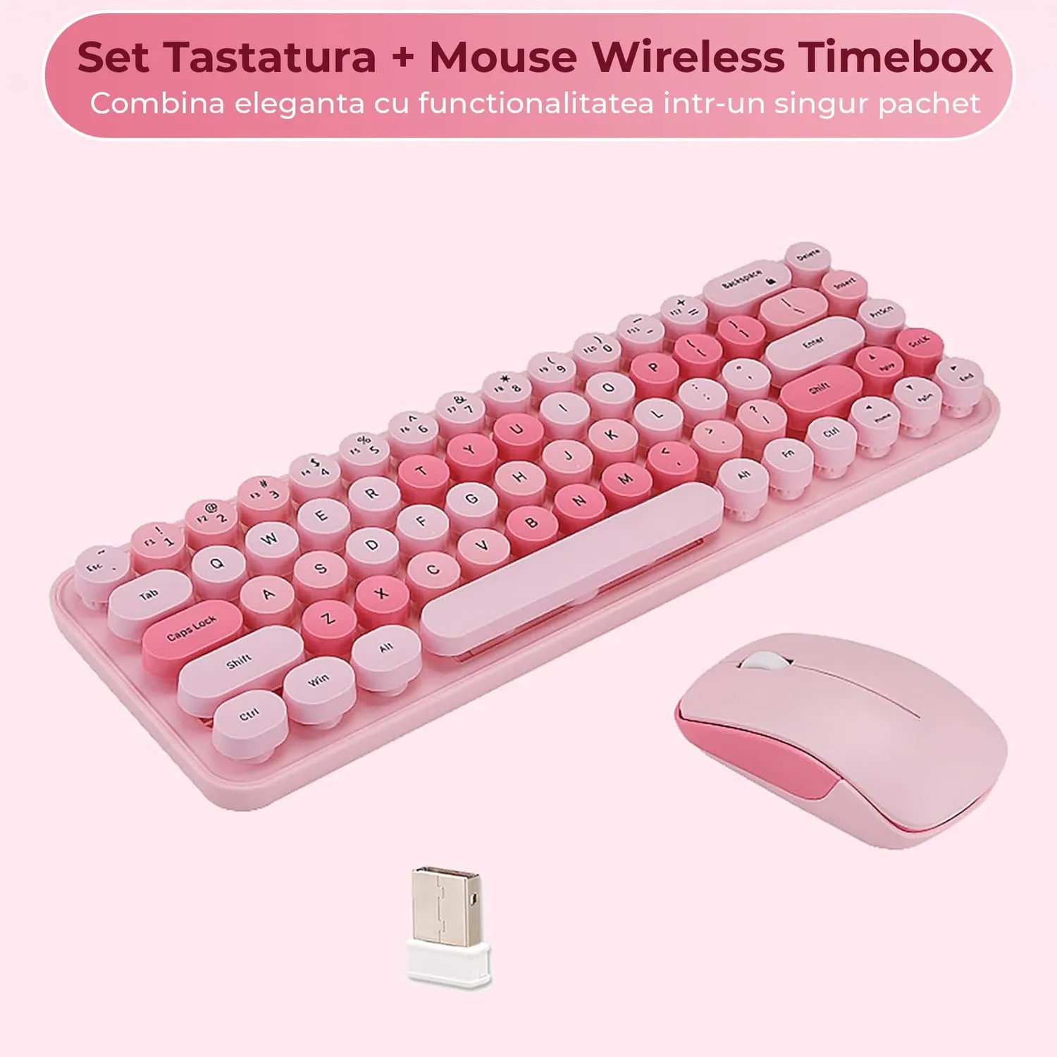 Timebox Set Tastatura Mouse Wireless 68 Taste Roz