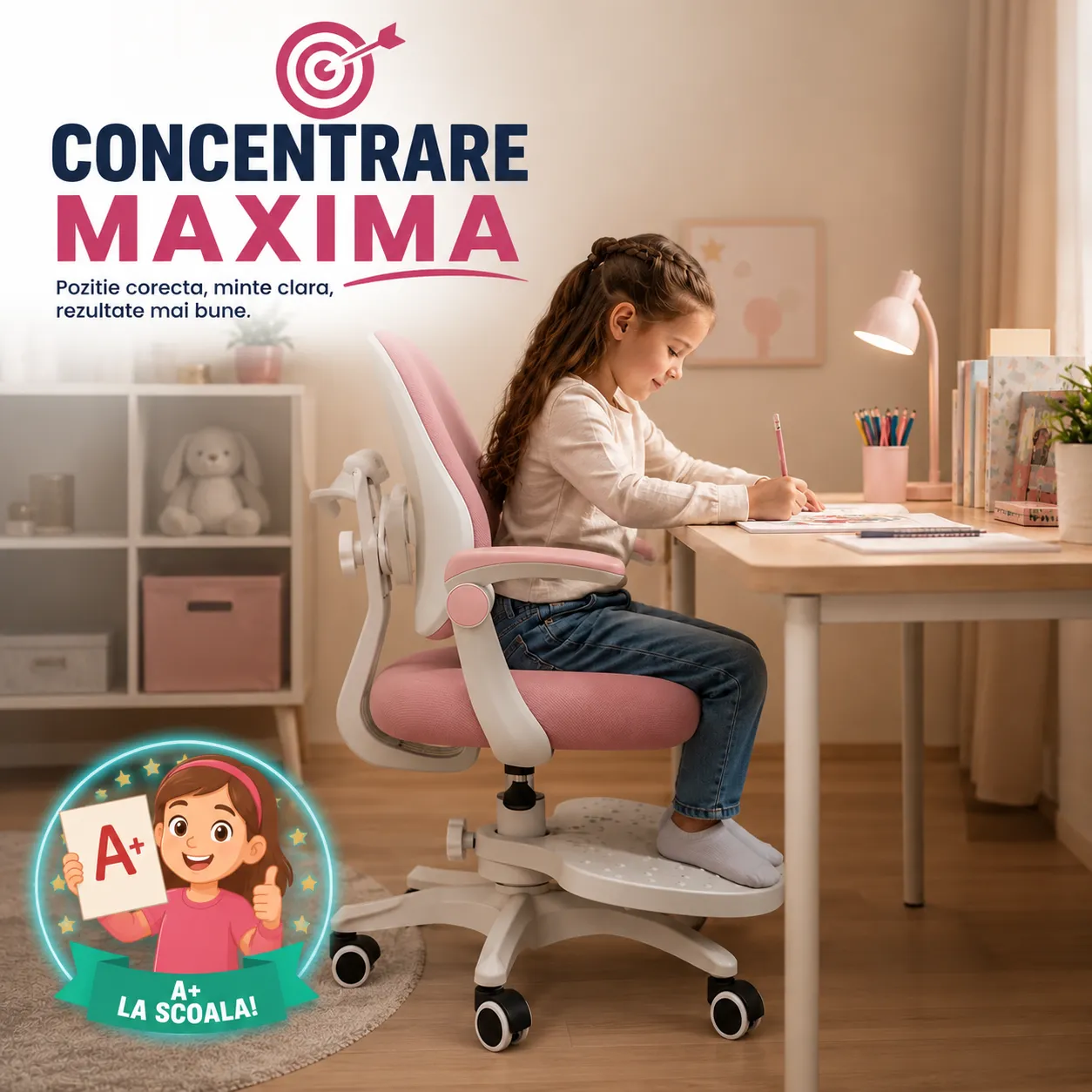 Timebox scaun copii ergonomic roz 3-12 ani inaltime reglabila