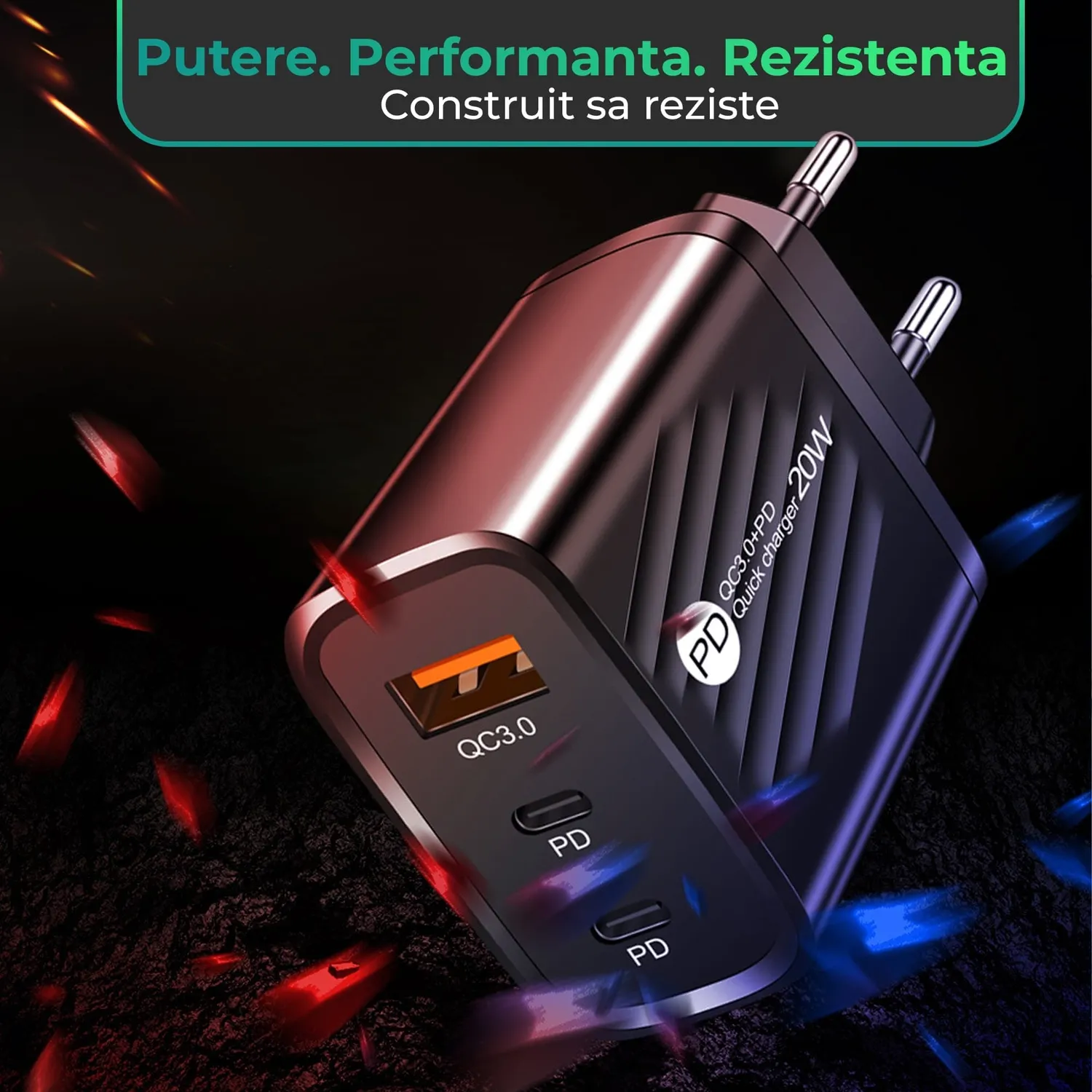 Timebox Incarcator Retea 20W 3 Porturi Alb Fast Charge LED