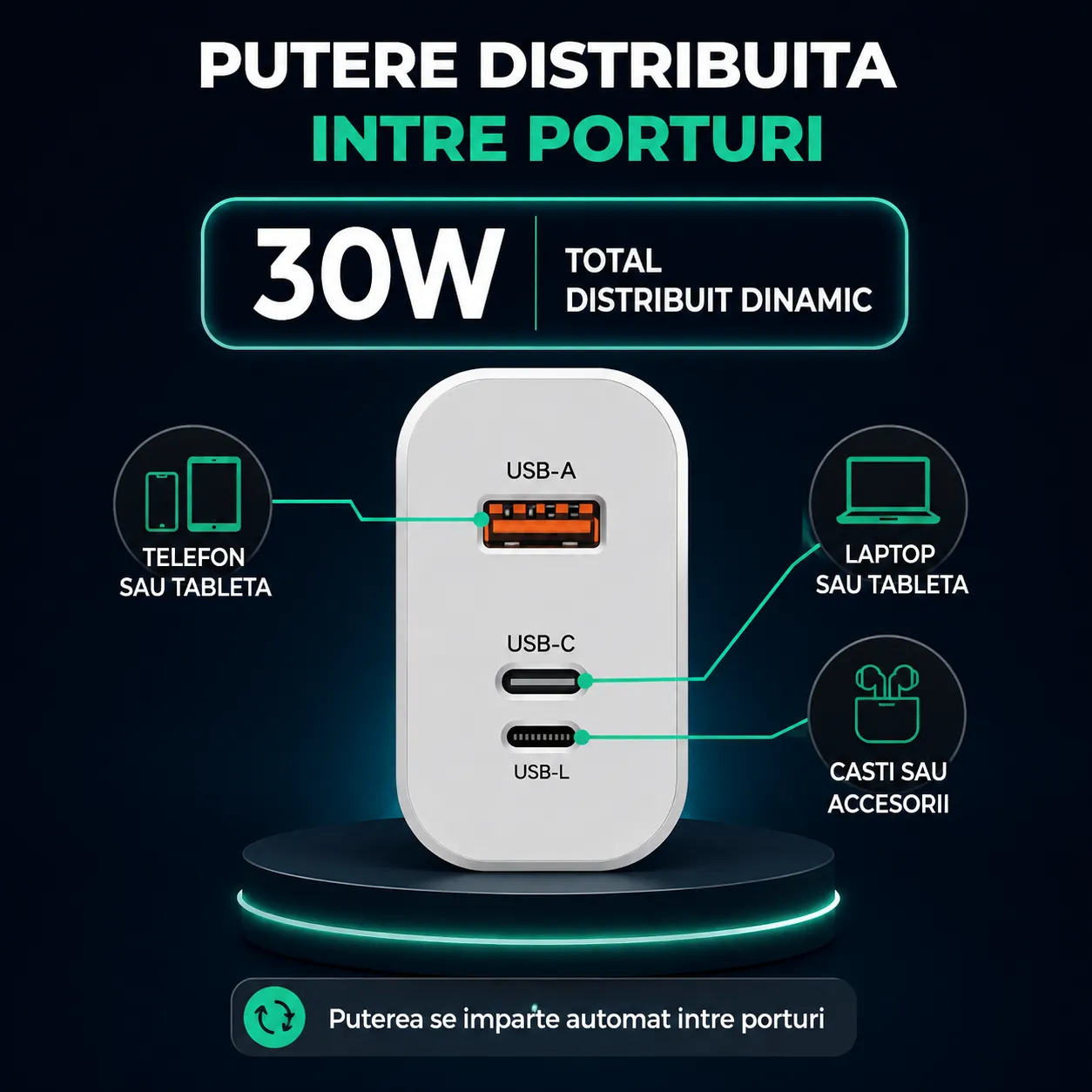 Timebox incarcator retea 30W 3 porturi alb Type-C USB