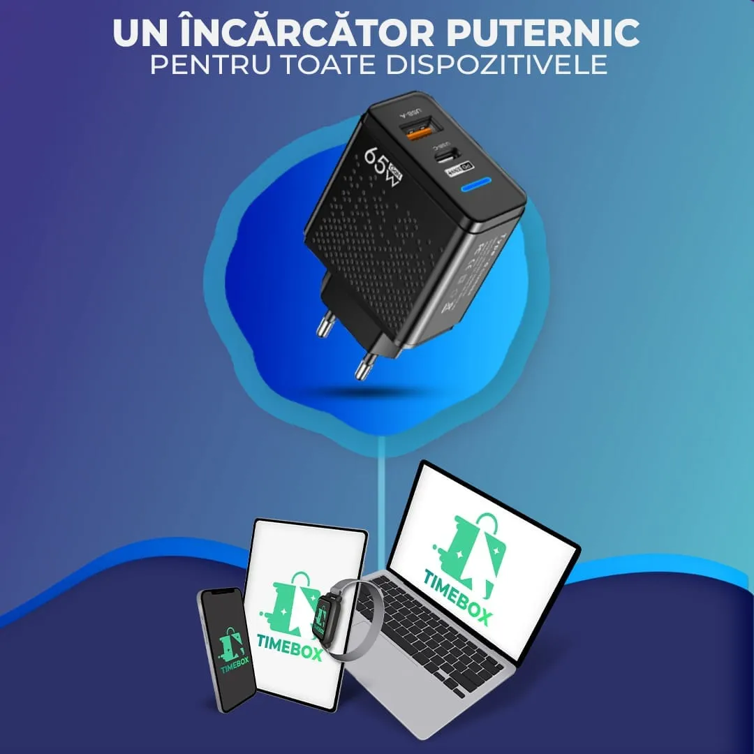 Timebox 65W incarcator retea 2 porturi LED negru
