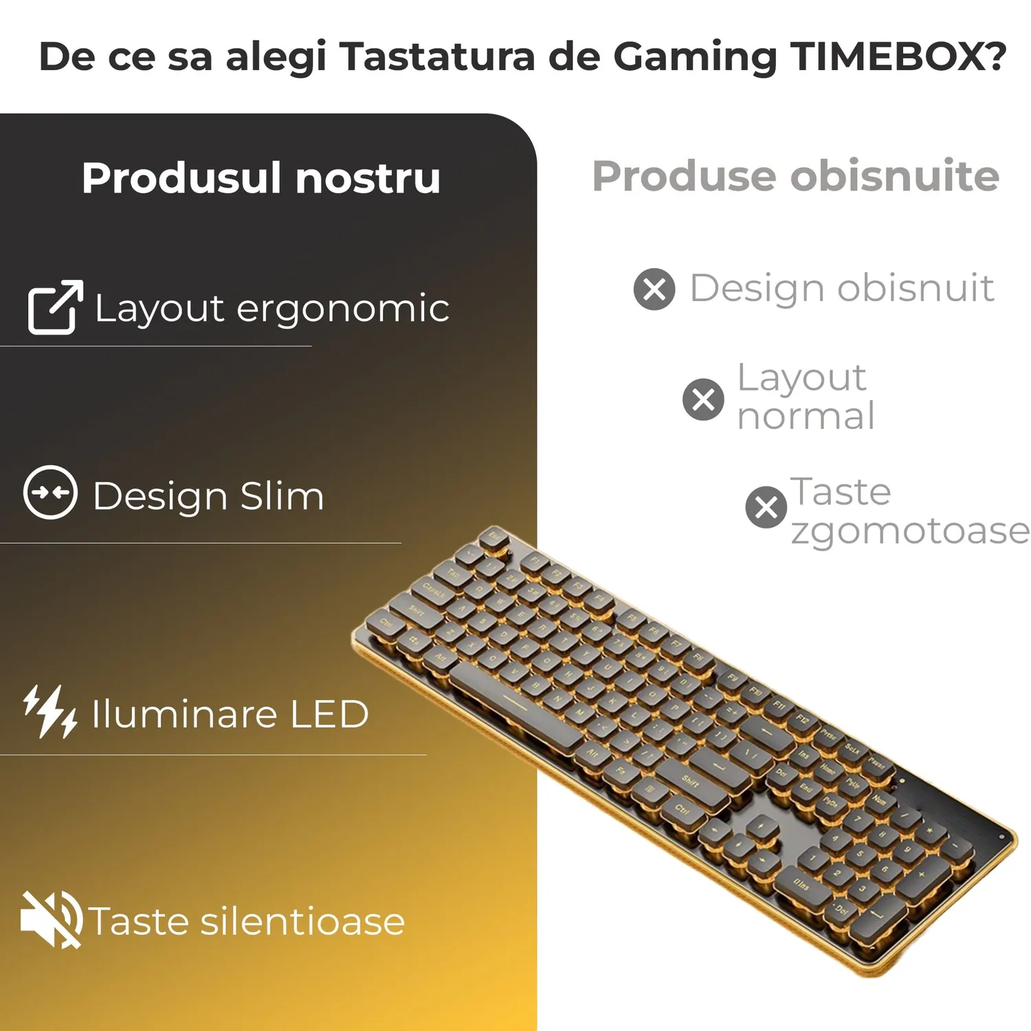 Timebox tastatură gaming silențioasă neagră iluminare portocalie