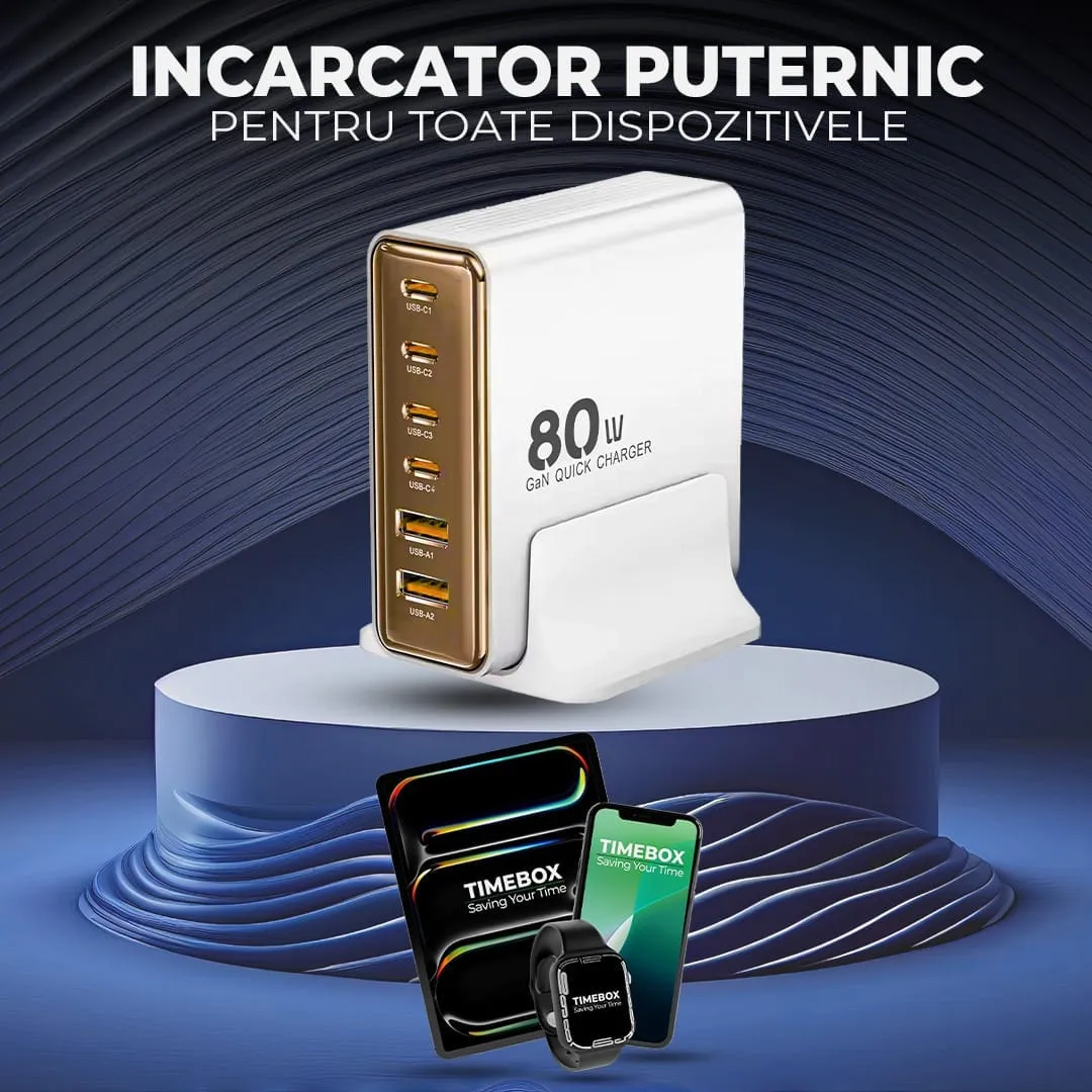 Timebox încărcător rețea 6 porturi 80W auriu 4x Type-C