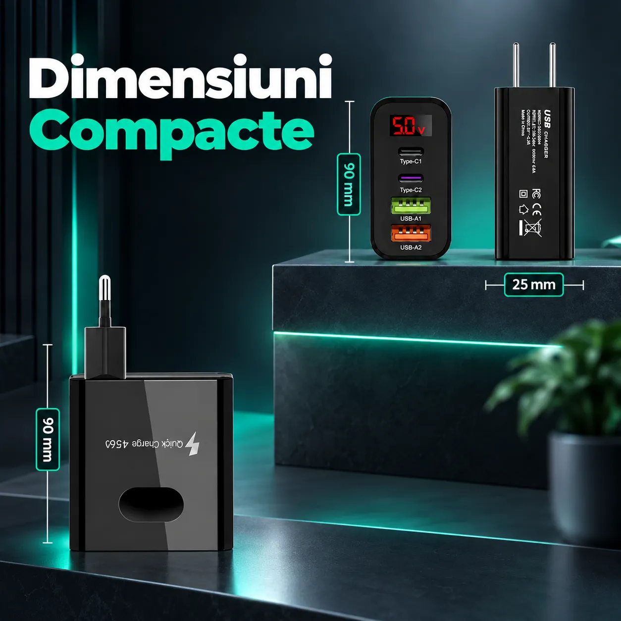 Timebox 45W incarcator retea 4 porturi negru display