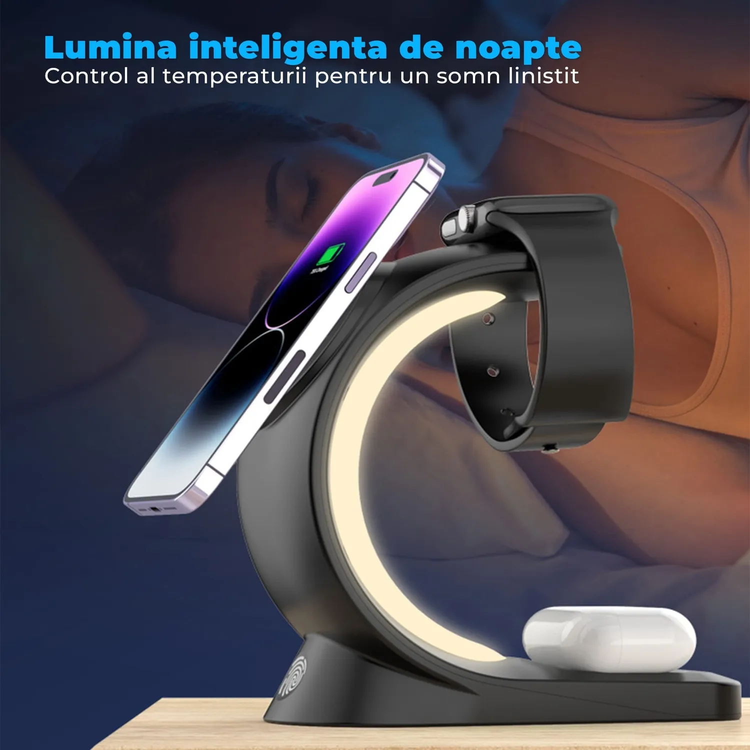 Timebox 3 in 1 incarcator wireless 15W MagSafe RGB