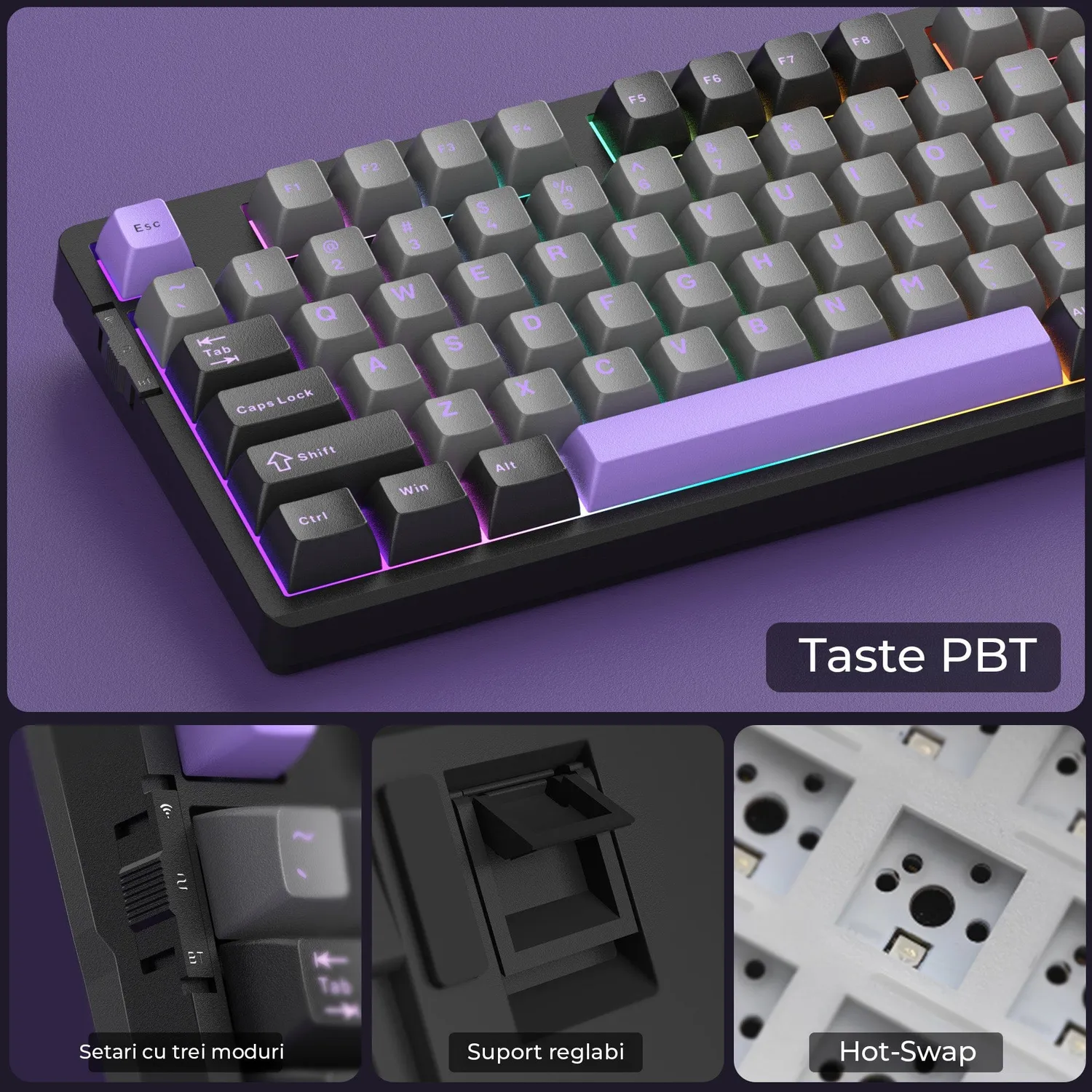 Timebox 80% tastatura mecanica gaming wireless mov RGB