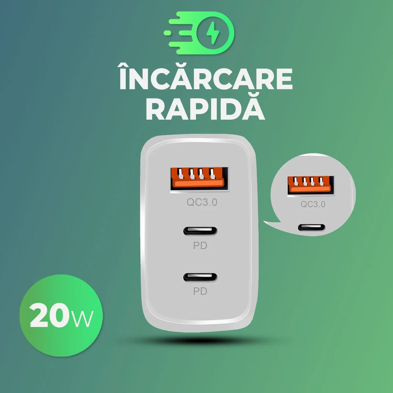 Timebox Incarcator Retea 20W 3 Porturi Alb Fast Charge LED