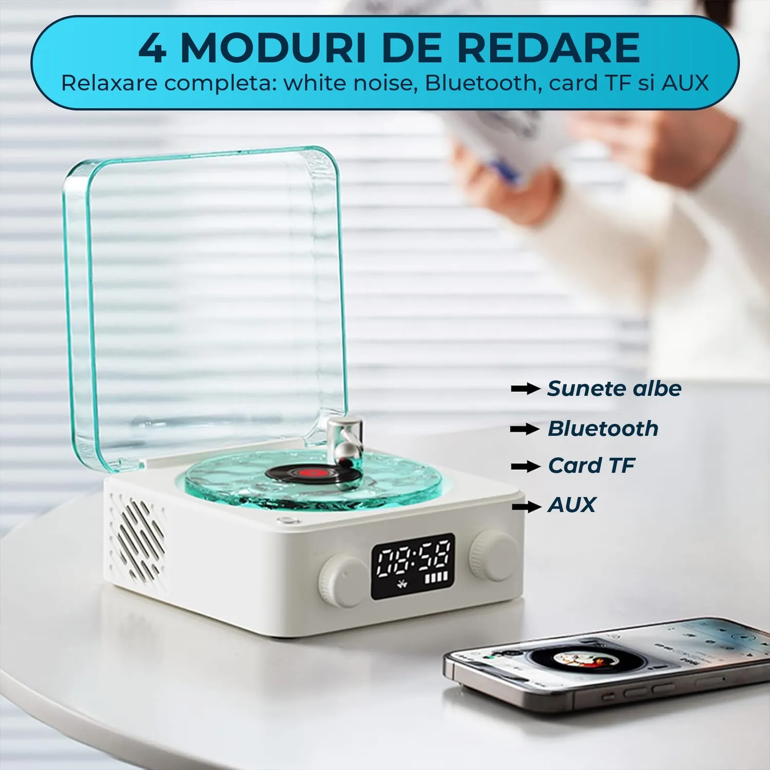 Timebox boxa portabila Vinyl alba Bluetooth ceas proiector