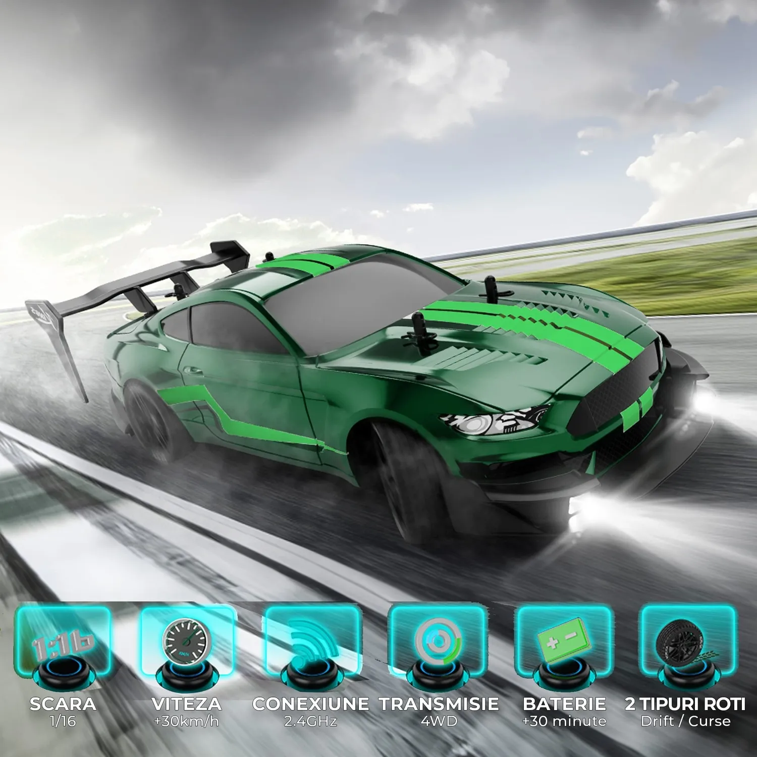 Timebox Masina RC Drift 1:16 30km/h 4x4 Verde