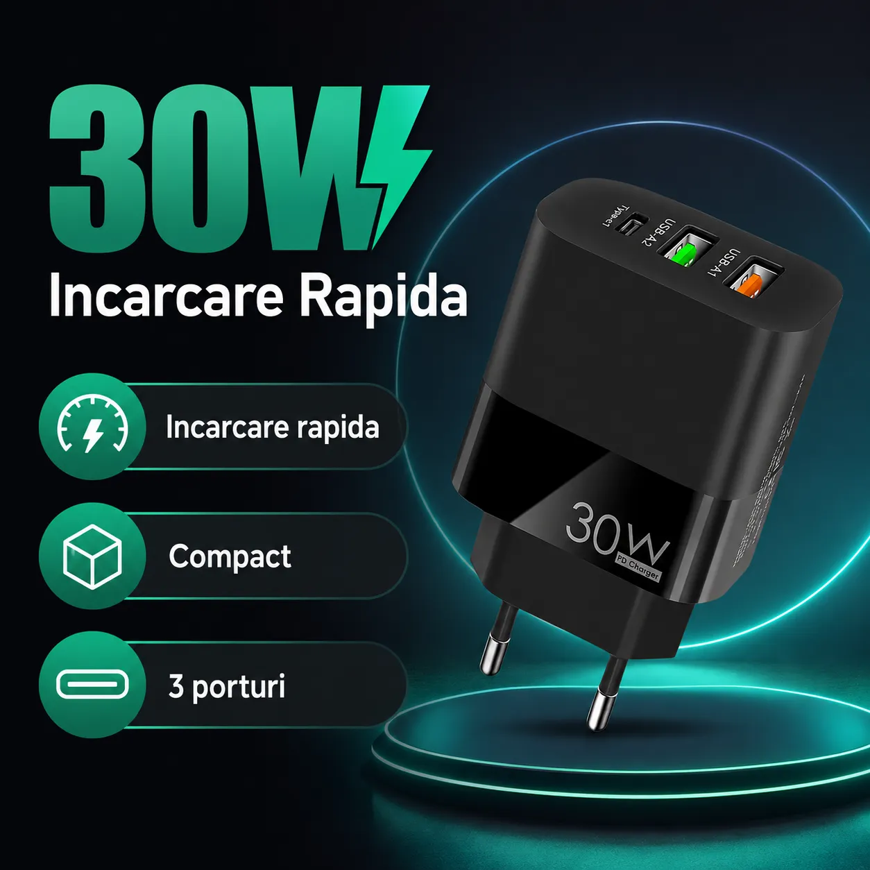 Timebox 30W incarcator priza negru 3 porturi LED