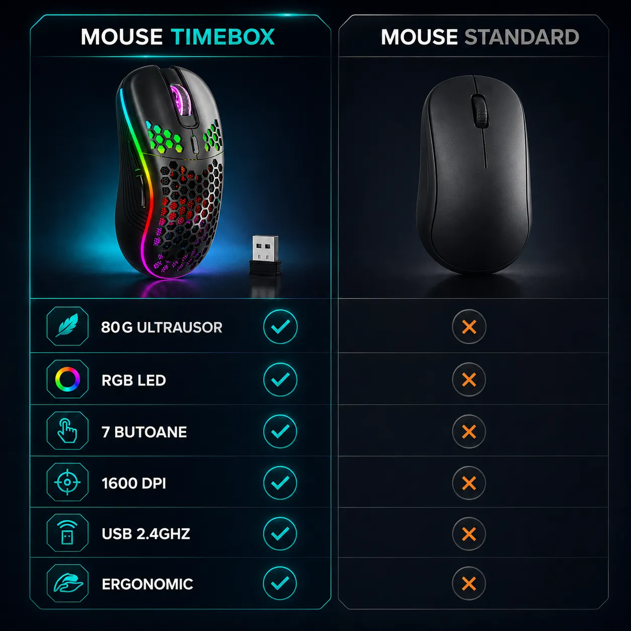Timebox mouse gaming wireless negru 1600DPI 80g
