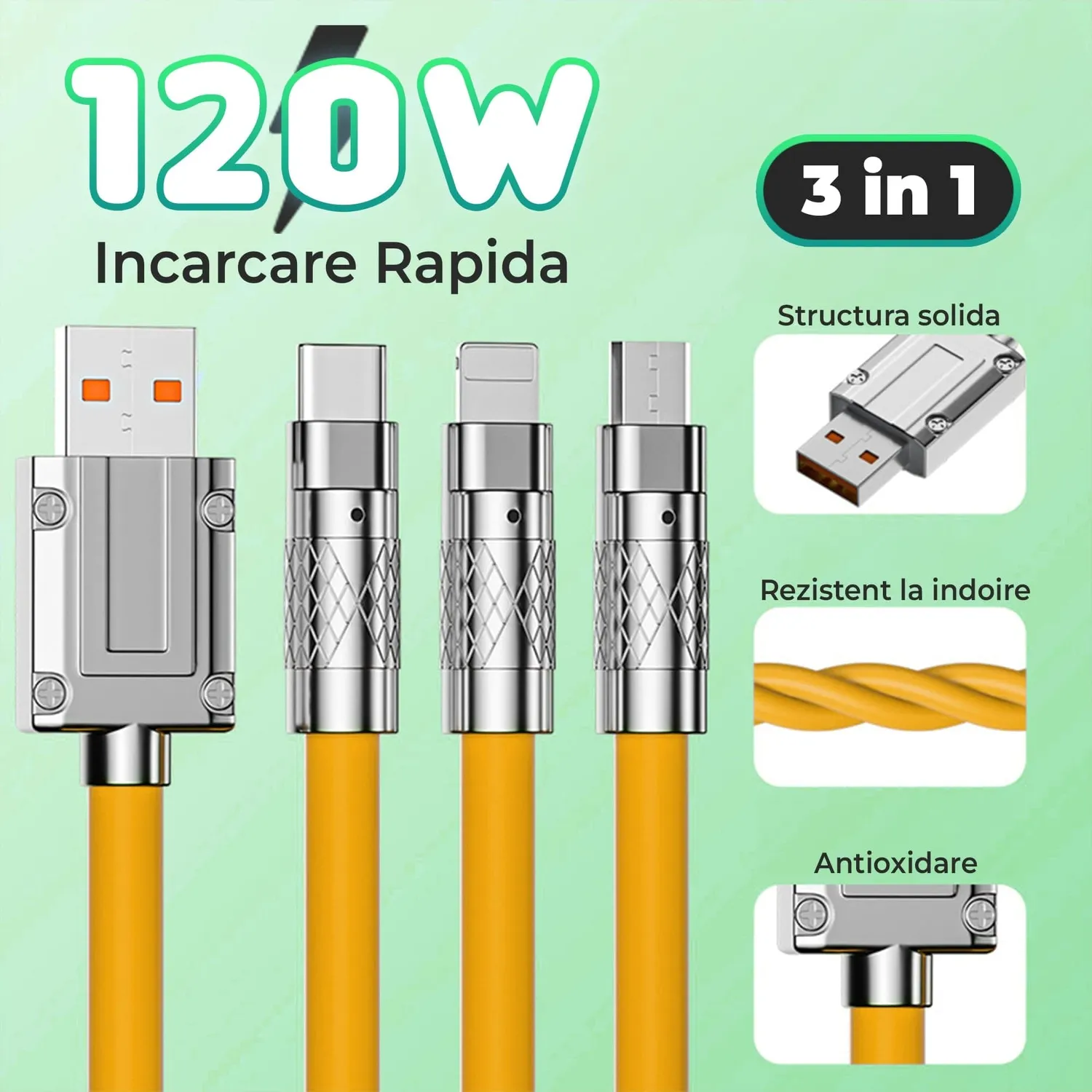 Timebox 3 in 1 120W cablu incarcare rapida 1,2m galben
