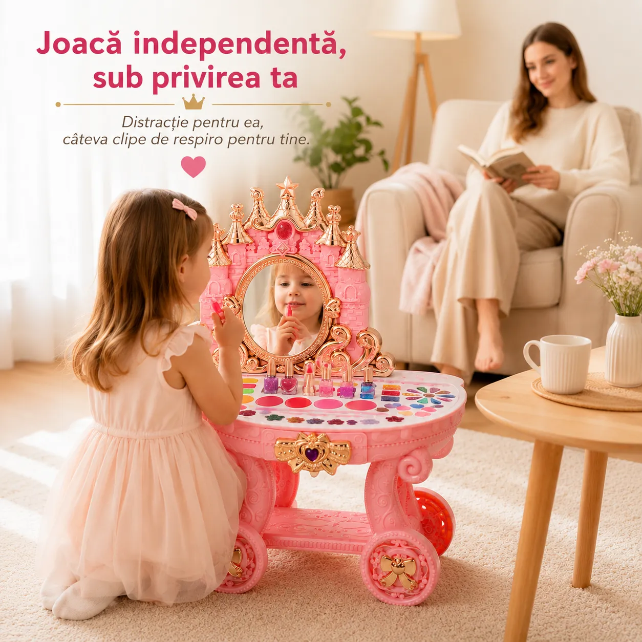 Timebox Castel Muzical XXL masuță machiaj roz cu cosmetice
