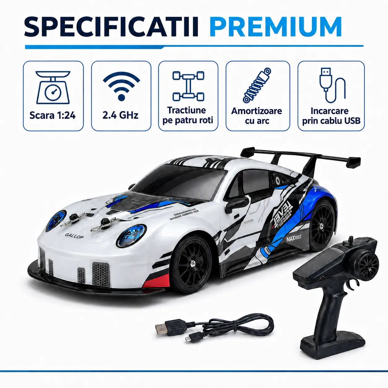 Timebox Drift Car 1:24 masina RC 4WD 20km/h gri LED