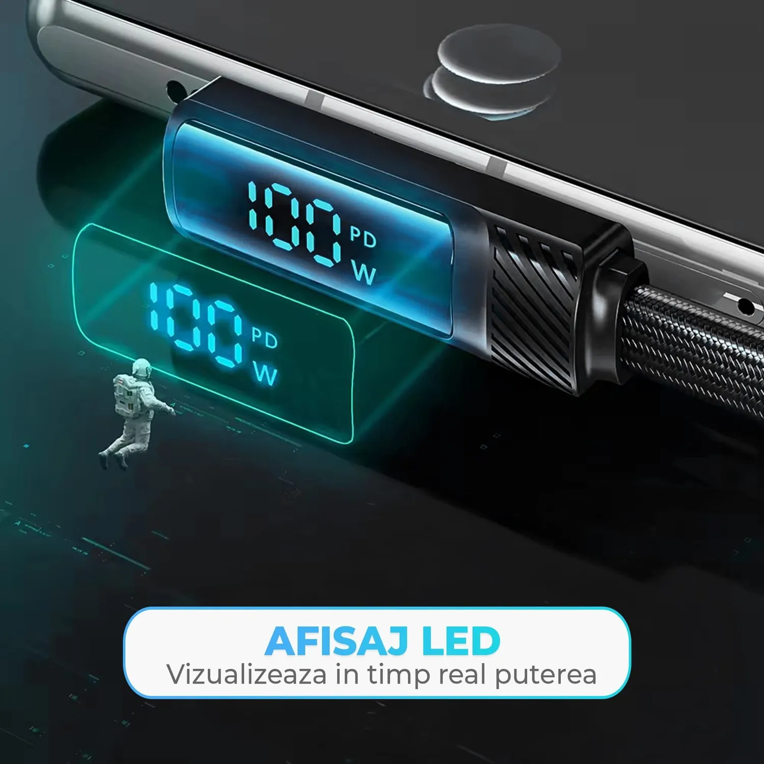 Timebox 100W cablu USB-C negru 2m 90° LED