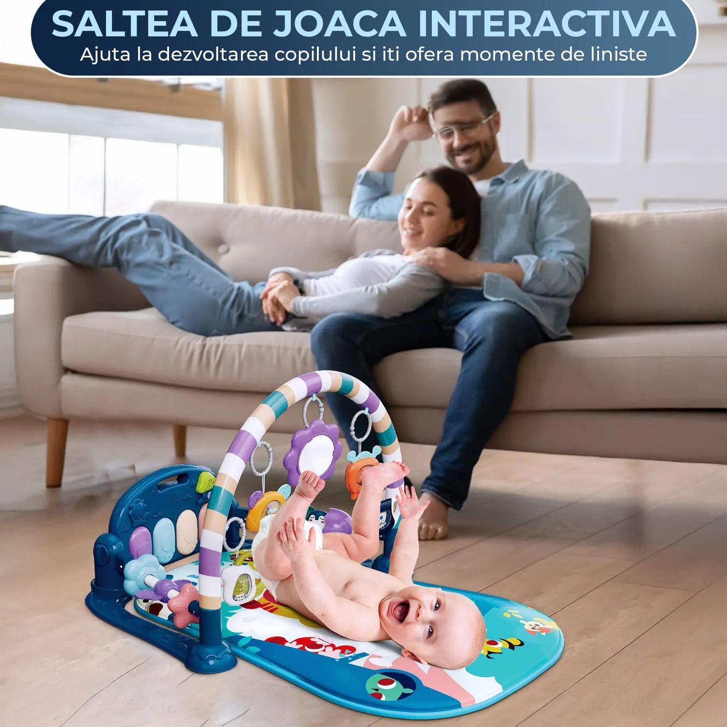 Timebox saltea Joaca Bebe cu pian senzoriala albastru 5in1