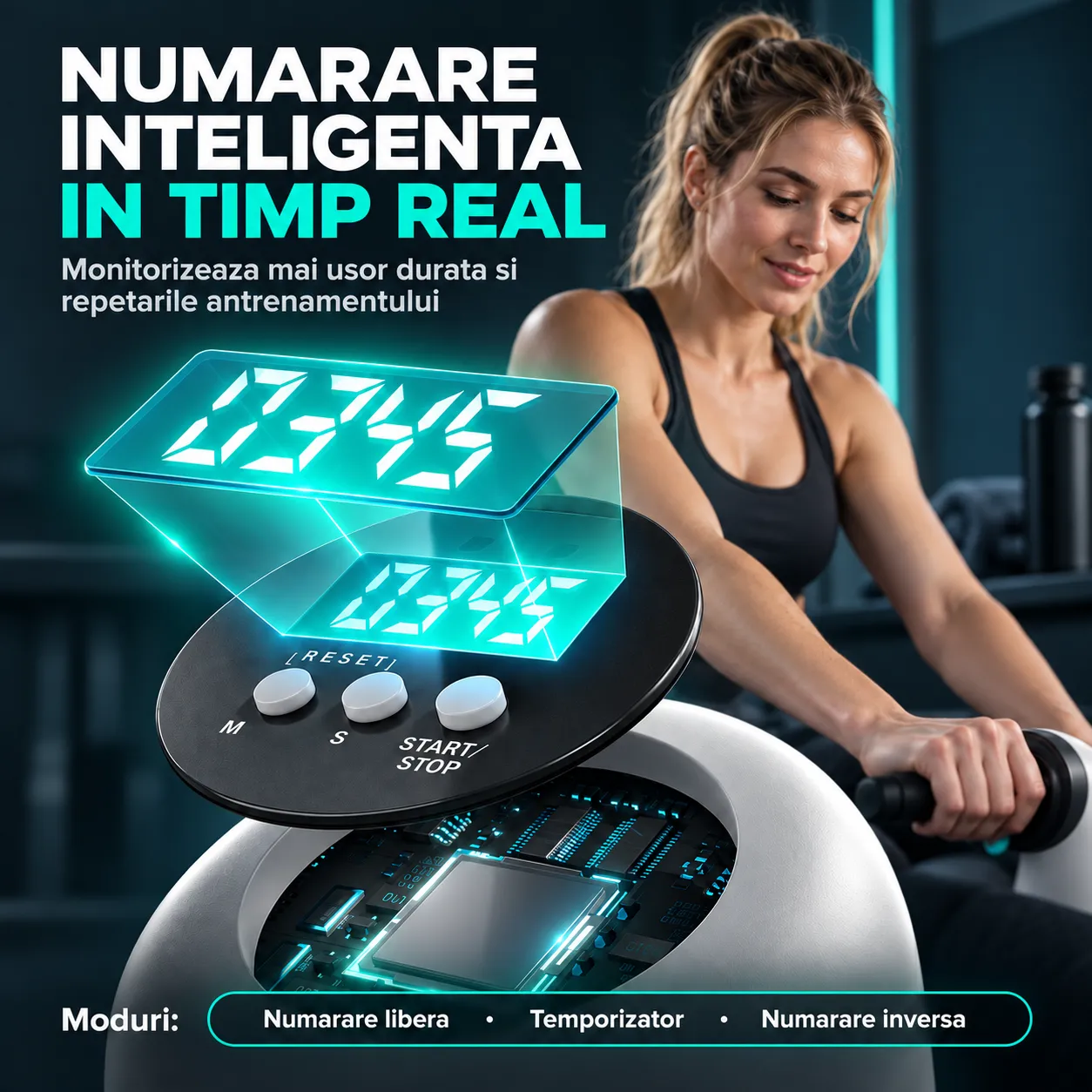 Timebox 6-in-1 placa fitness gri cu timer si corzi elastice