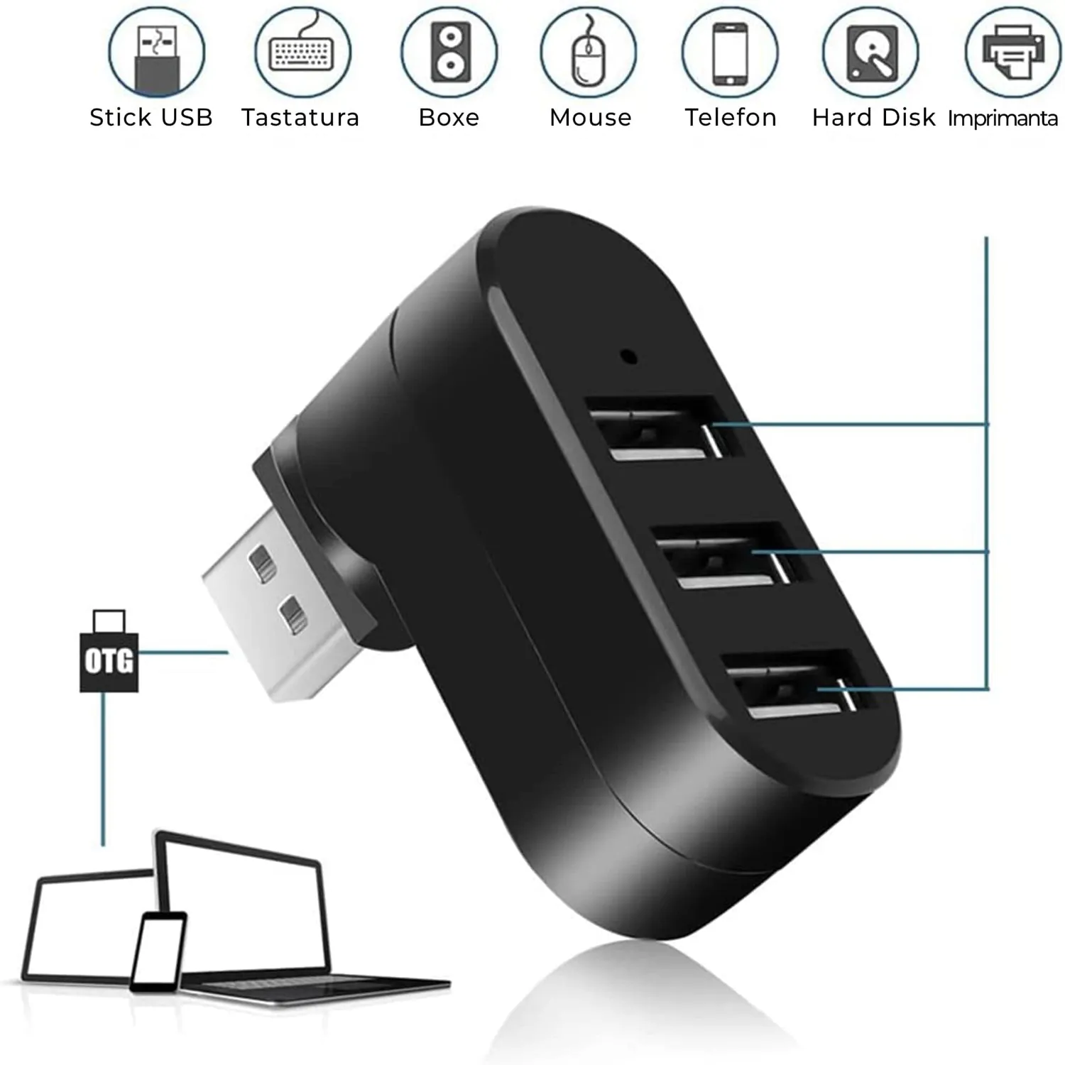 Timebox Hub USB 3 in 1 cu 3 porturi Alb USB 3.0