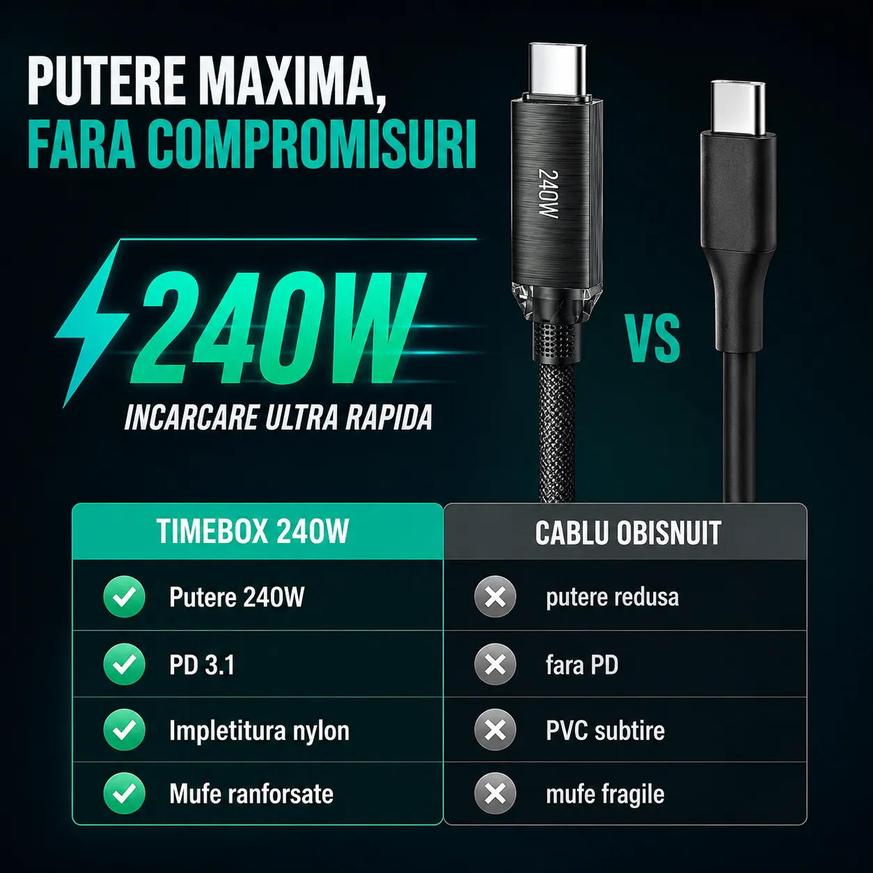 Timebox cablu USB-C Type-C 240W 2m negru nylon laptop