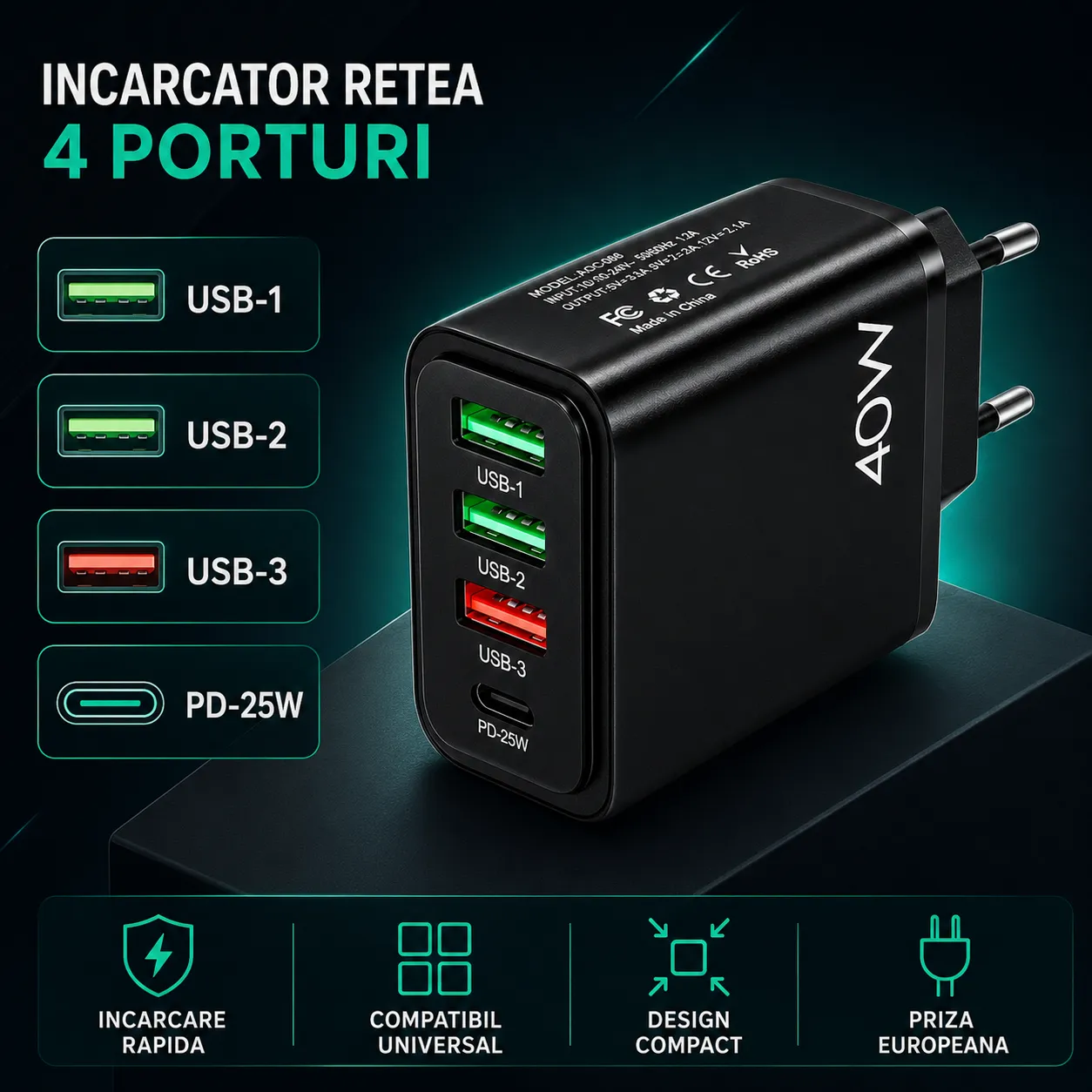 Timebox Incarcator Retea 4 Porturi 40W Negru