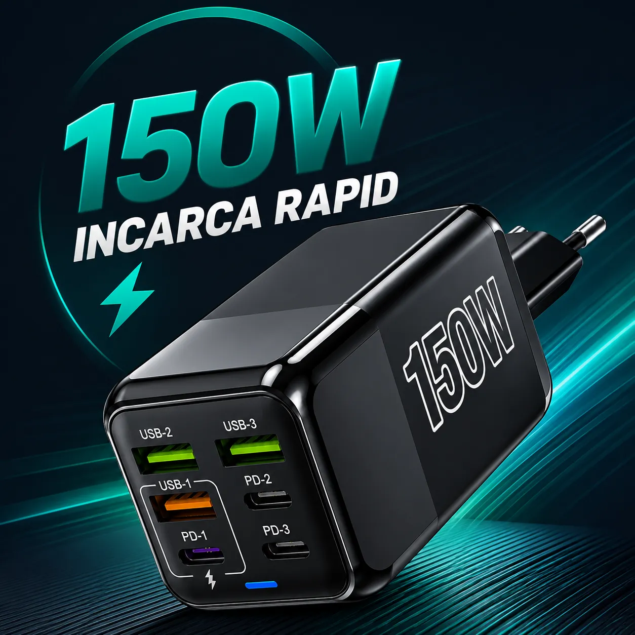 Timebox 150W incarcator retea 6 porturi negru fast charge